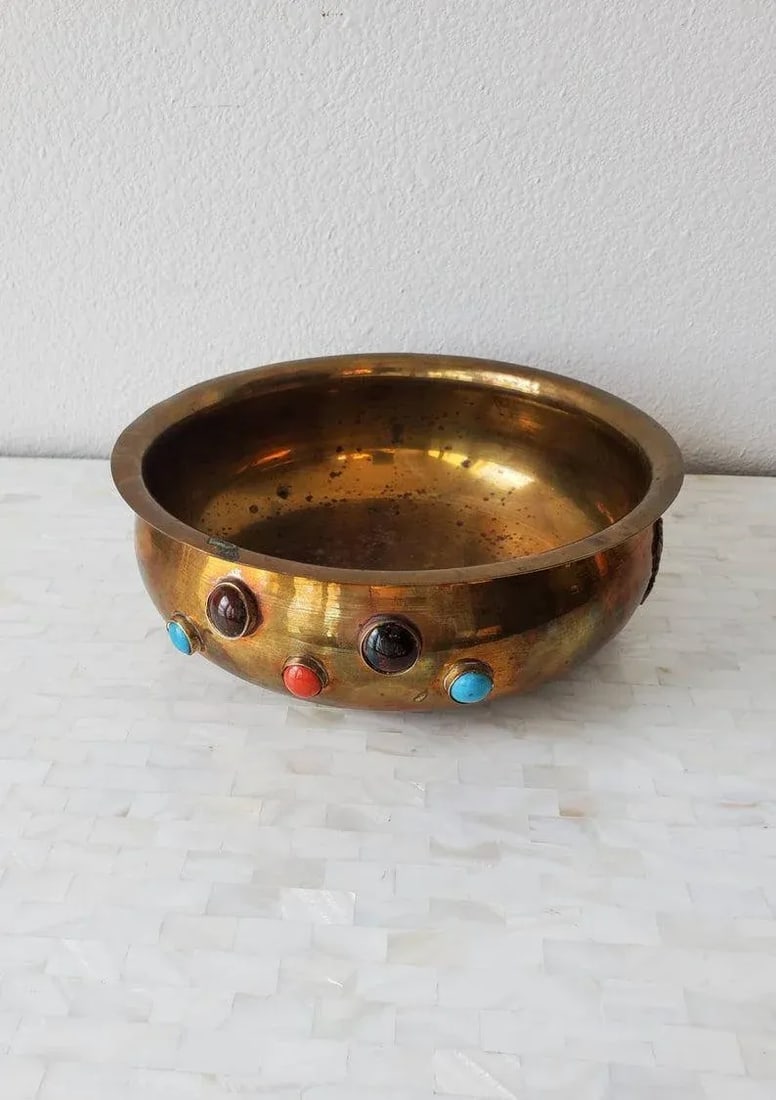 Antique Himalayan Indian Agate Gemstone Cabochon Encrusted Brass Ritual Bowl - 5