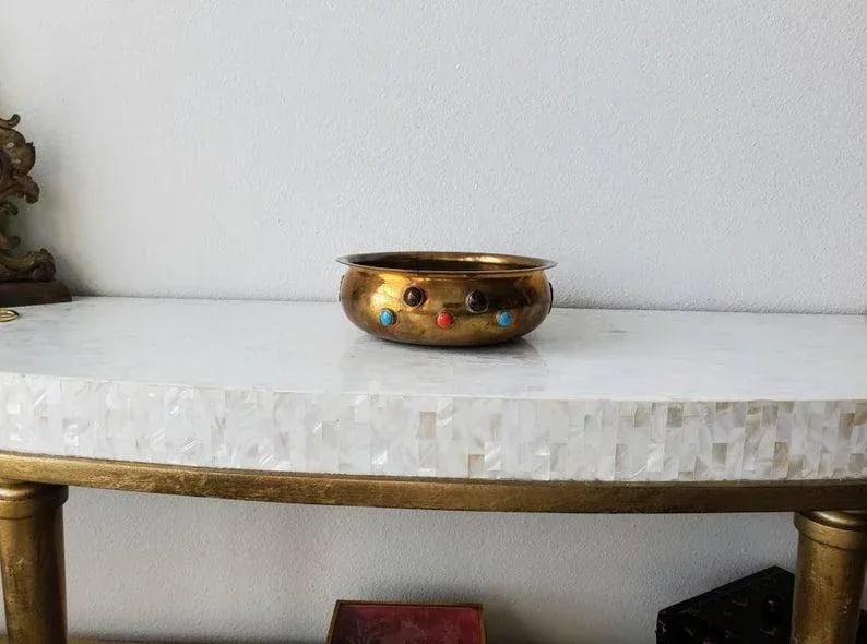 Antique Himalayan Indian Agate Gemstone Cabochon Encrusted Brass Ritual Bowl - 6