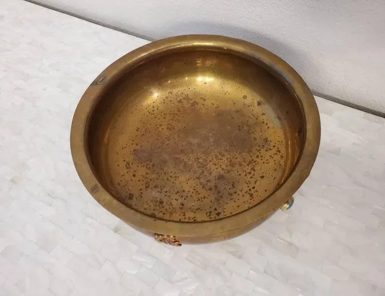 Antique Himalayan Indian Agate Gemstone Cabochon Encrusted Brass Ritual Bowl - 7