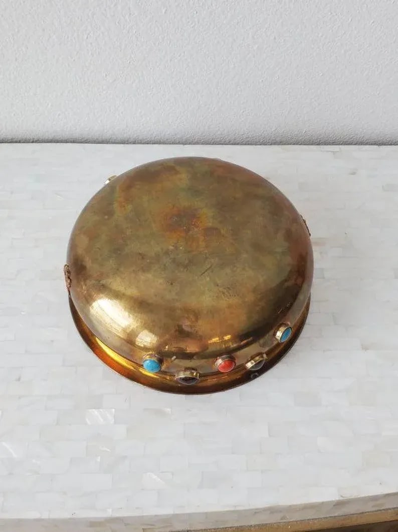 Antique Himalayan Indian Agate Gemstone Cabochon Encrusted Brass Ritual Bowl - 8