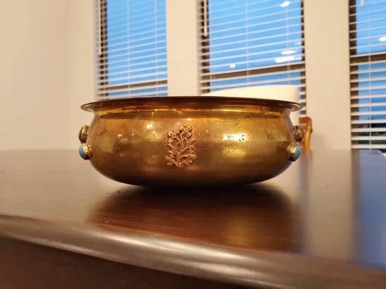 Antique Himalayan Indian Agate Gemstone Cabochon Encrusted Brass Ritual Bowl - 9