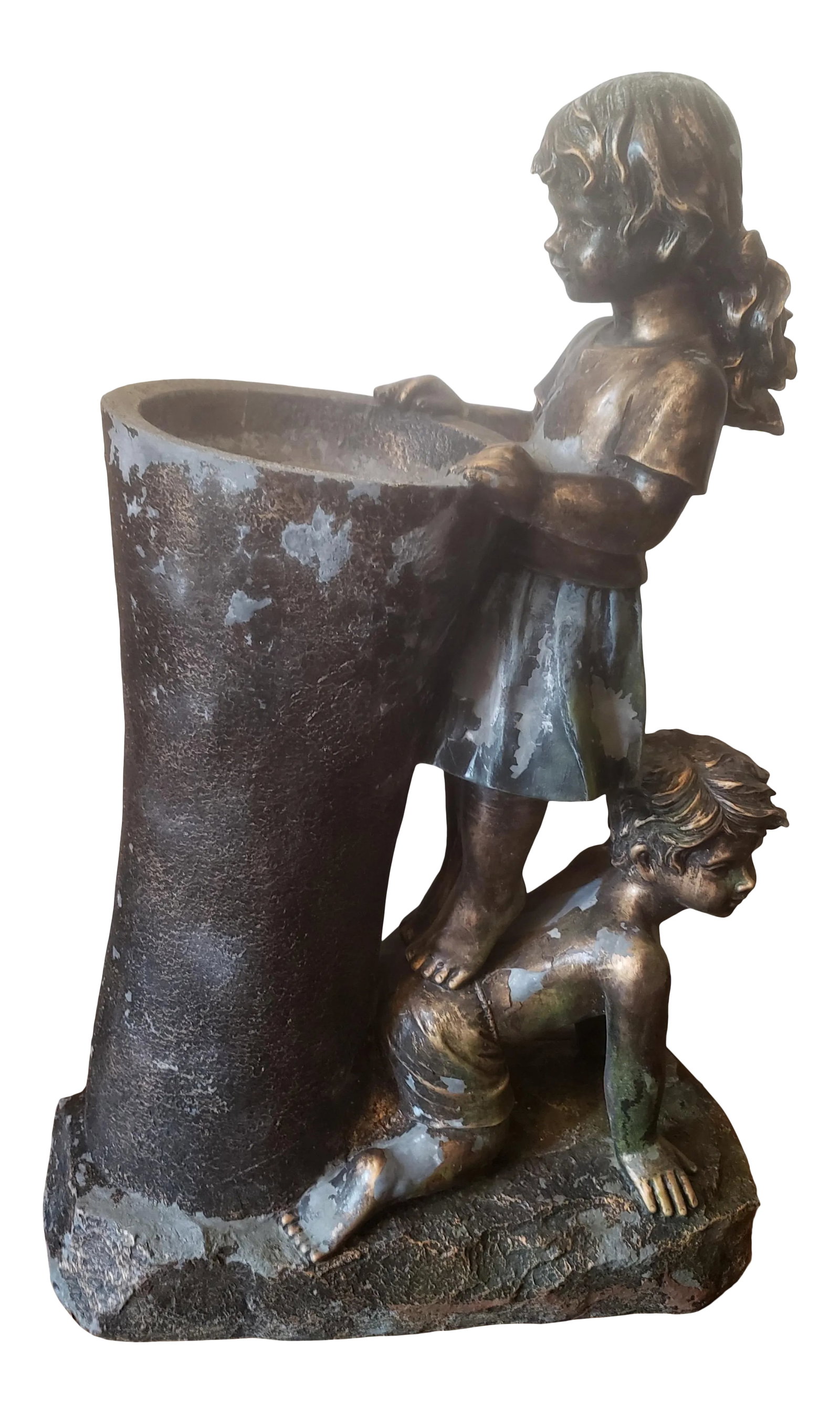 Bronze Finish Boy & Girl Water Fountain Statue: Vintage boy and girl water fountain statue. Boy & Girl Water Fountain Statue. Made out of resin and fiberglass materiel with bronze finish. Some finish loss as visible on picture due to age. No
