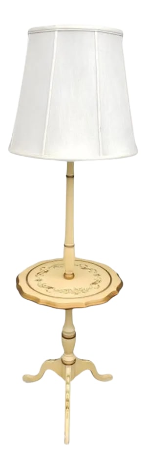 French Provincial Floor Lamp Table, Circa 1960s: For your consideration is this rare French Provincial floor lamp table, made in the 1960s. Very good vintage condition. Gold accents with hand painted flowers on tripod base and table. Very rare to co