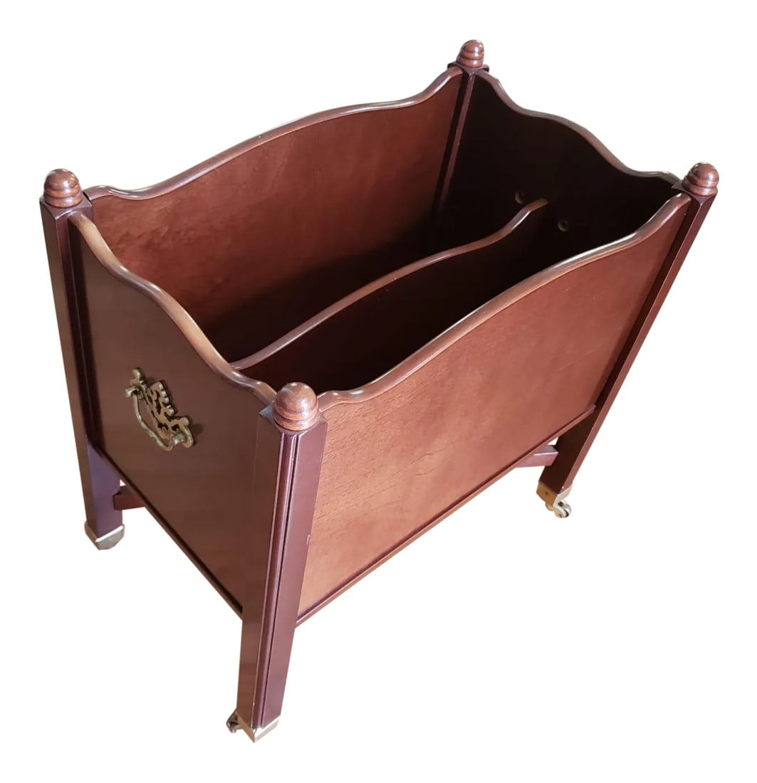 Vintage Mahogany Chippendale Style Magazine Rack on Wheels: Vintage Mahogany Chippendale Style Magazine Rack on Wheels. Brass Handle on each side. Measures 18" in width x 11" in Depth x 19" in height. Excellent Vintage condition. Condition: Alterations: Origin