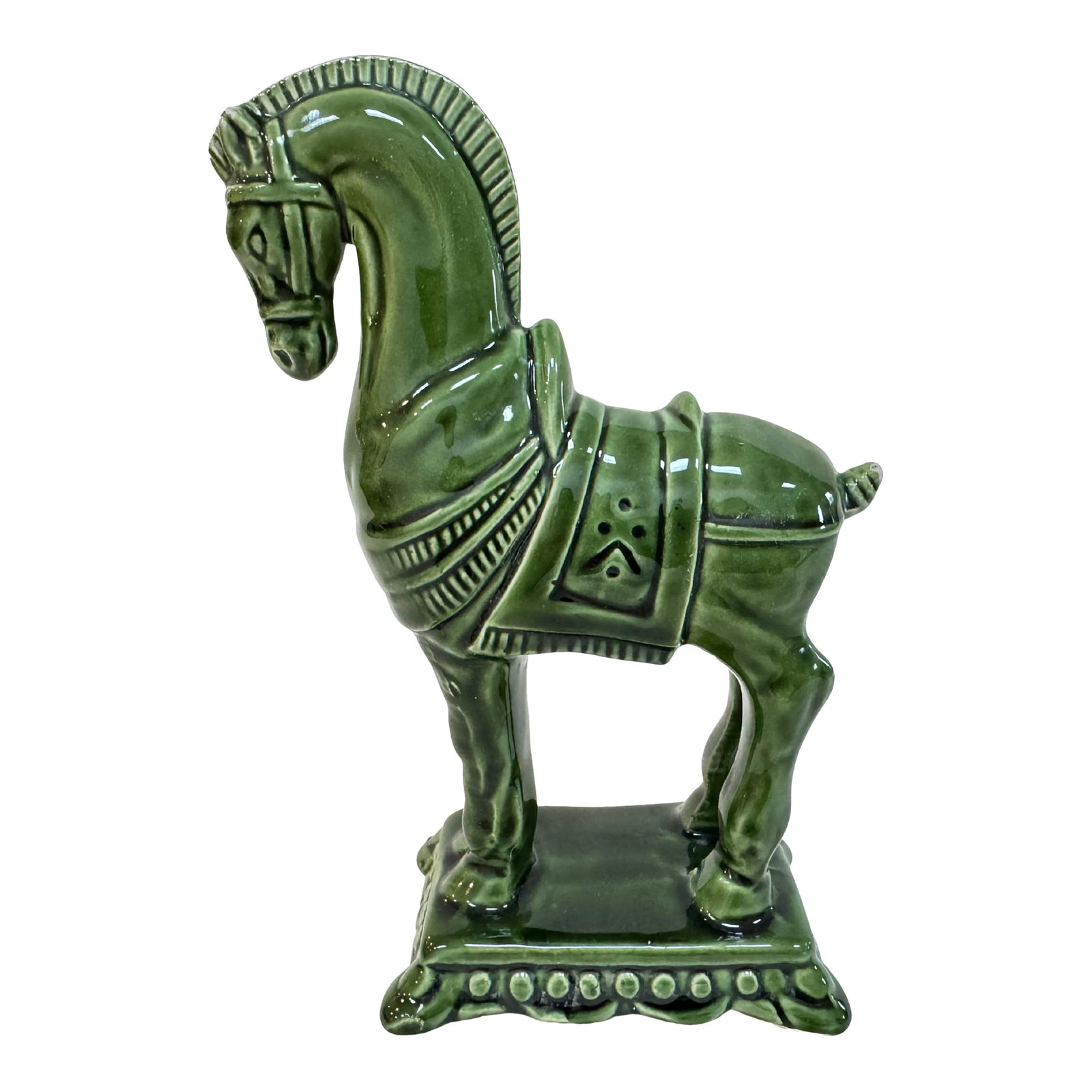 Midcentury Etruscan Horse: Midcentury ceramic Etruscan war horse. Condition: Alterations: Original Condition Unaltered Imperfections: Some Imperfections Condition Notes: Small glaze loss at tail Materials & Techniques: