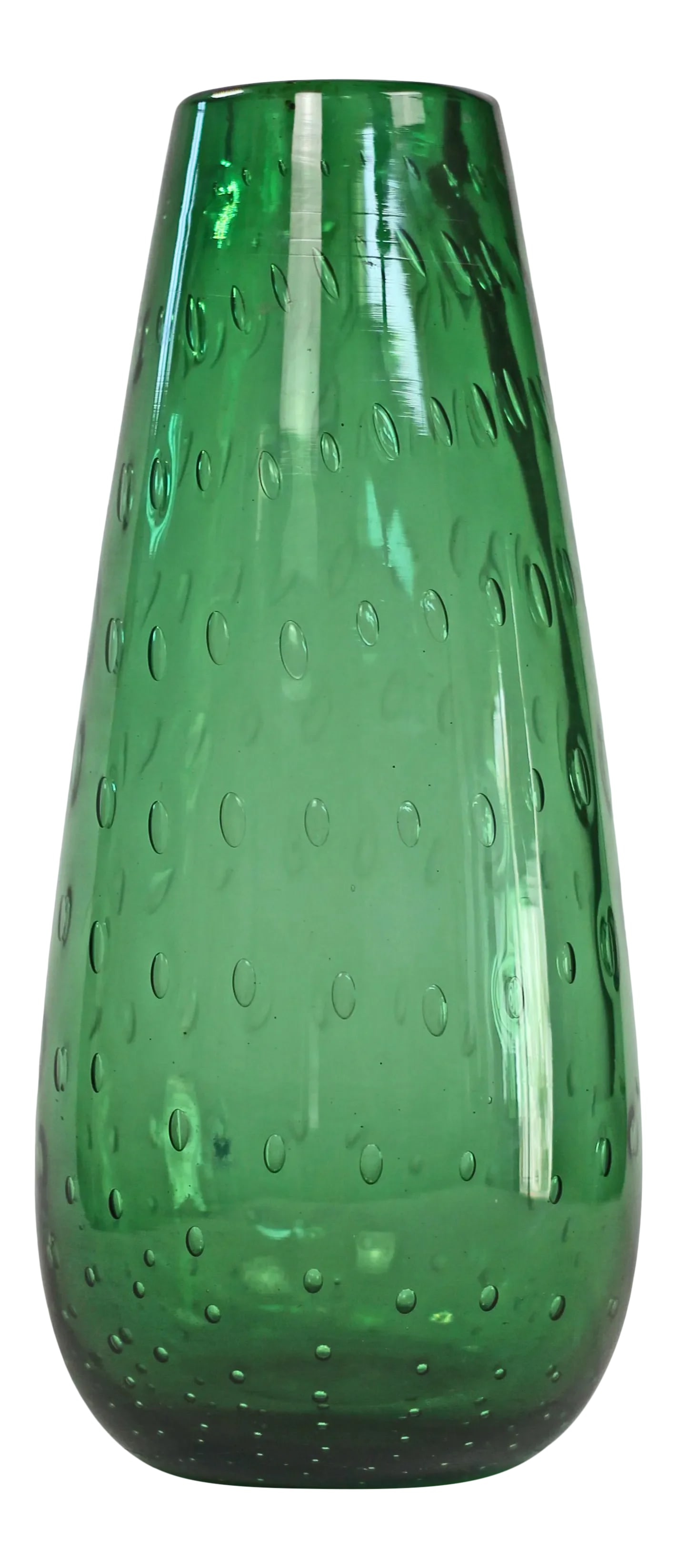 Vintage Controlled Bubbles Art Glass Vase: Elegant emerald Murano vase in bullicante glass, blown using the technique of controlled bubbles. 10.5" high by 4.75" diameter Condition: Alterations: Original Condition Unaltered Imperfections: Some 