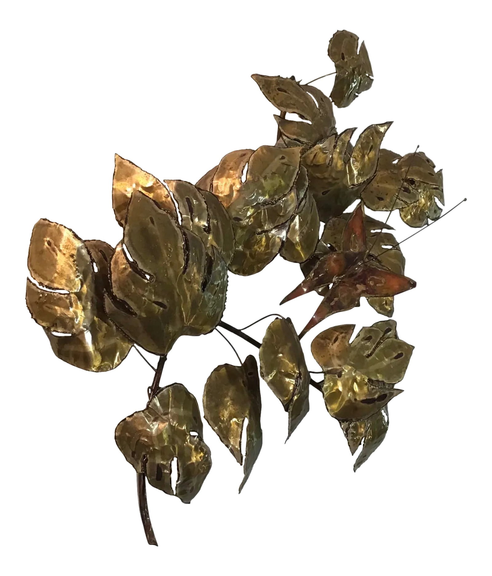 Large Mid Century Brutalist Form Copper and Brass Leaf Tree Branch and Butterfly Wall Hanging (1 of 13)