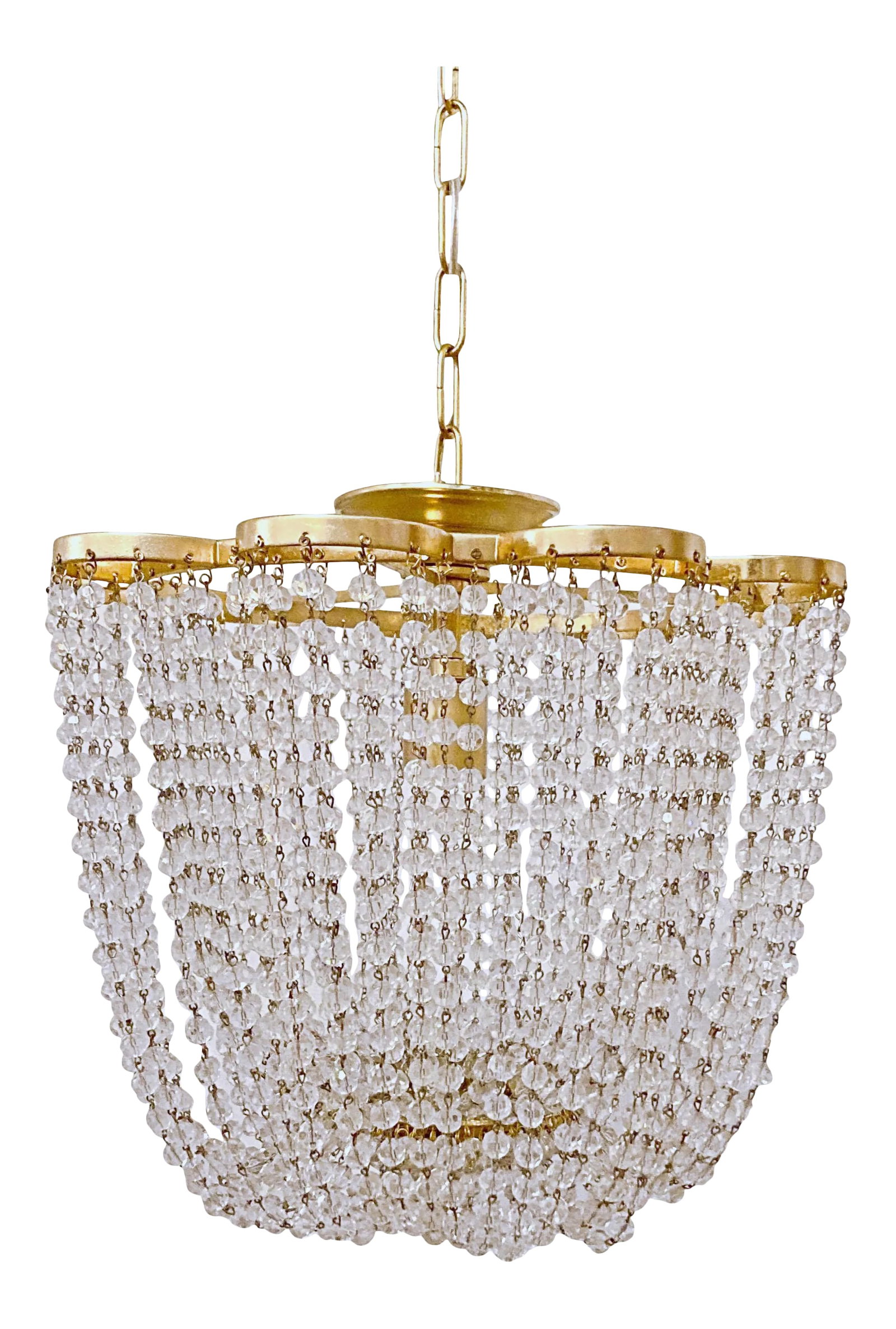 Mid-Century Italian Basket Chandelier: This is an Mid-Century Italian beaded basket chandelier with original patina and fire polished crystal bead chains. It has 1 Edison based socket that was rewired and it can use either a regular or