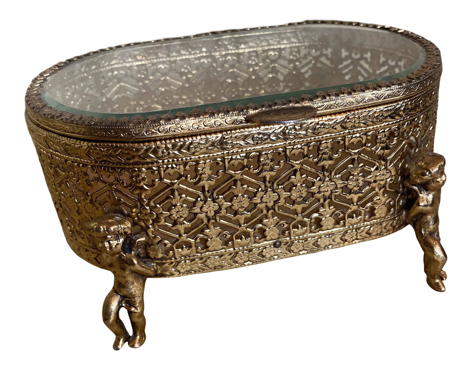 1960s Cherub Jewelry Keepsake Box: Gold Cherub Keepsake Box with Cherubs on each Corner and Beautiful Scroll Metal Detail Craftmanship. Measures 4.5 deep x 6 wide x 3 tall Condition: Alterations: Original Condition Unaltered Imperfecti