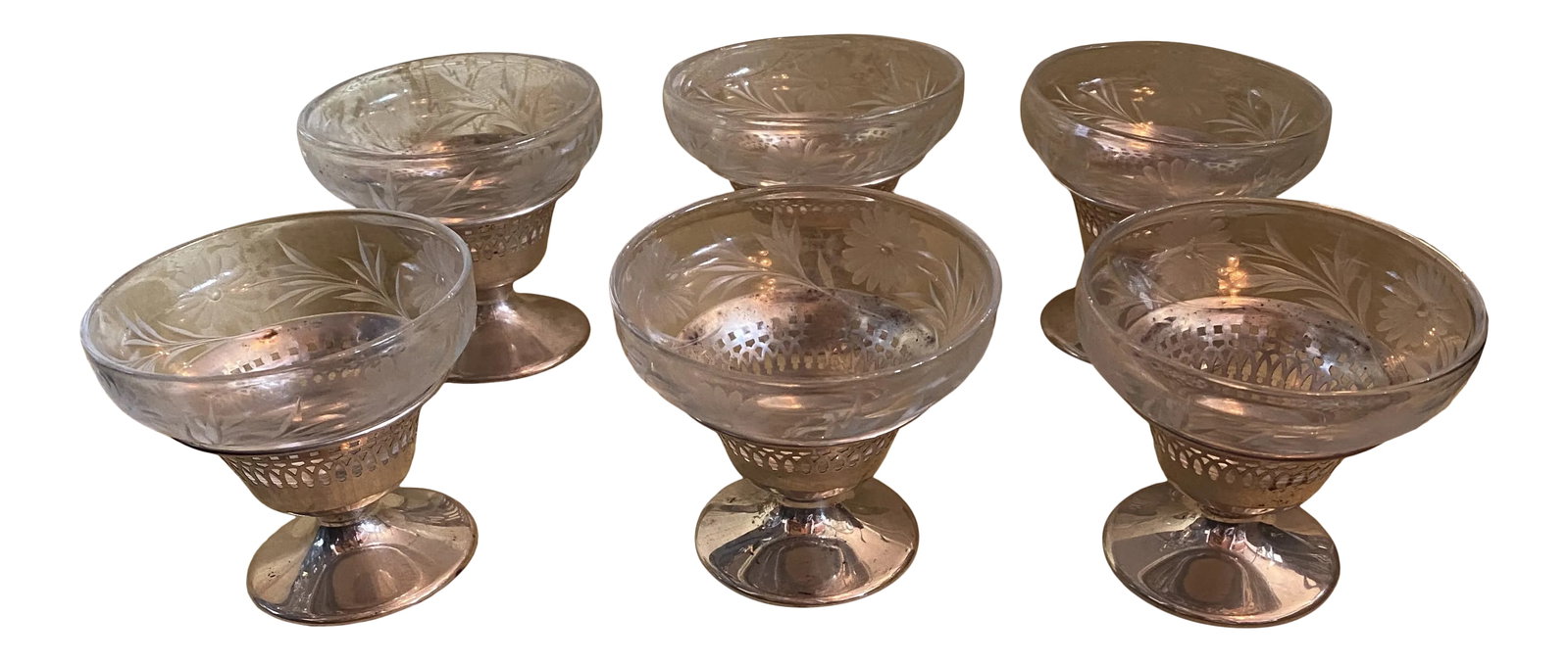 Vintage Sterling Silver Footed Desert Cups- Set of 6: Set of Six Sterling Silver Footed Desert Cups with a Wonderful Cut Etched Glass with Flowers and Vine . Condition: Alterations: Original Condition Unaltered Imperfections: Some Imperfections Condition