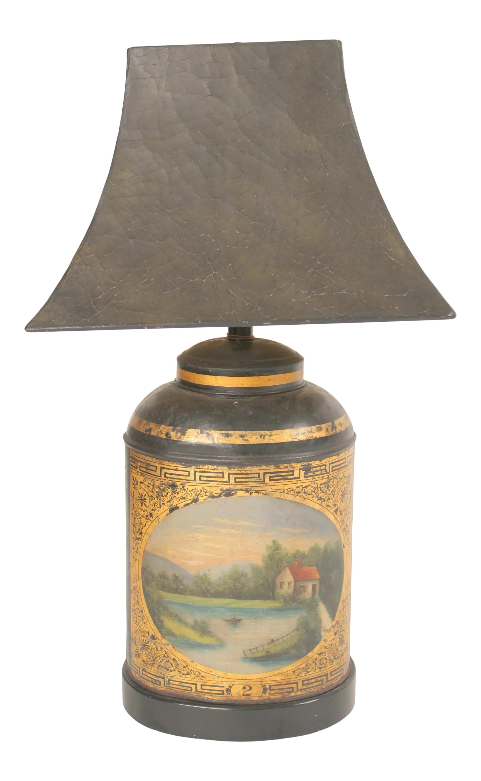 Antique Tole Tea Canister Lamp: Antique painted and gilt decorated oval shaped tole tea canister lamp, late 19th century. The tole lamp base was either made in England or made in China for export to the English market. The height to