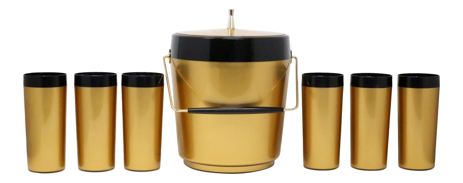 Vintage Gold and Black Insulated Ice Bucket and Beverage Cups - Set of 7: A never-used, vintage gold and black Thermo-Serv ice bucket, with six matching beverage cups. The cups come in the original packaging. Excellent condition; new-old stock. Condition: Alterations: Origi