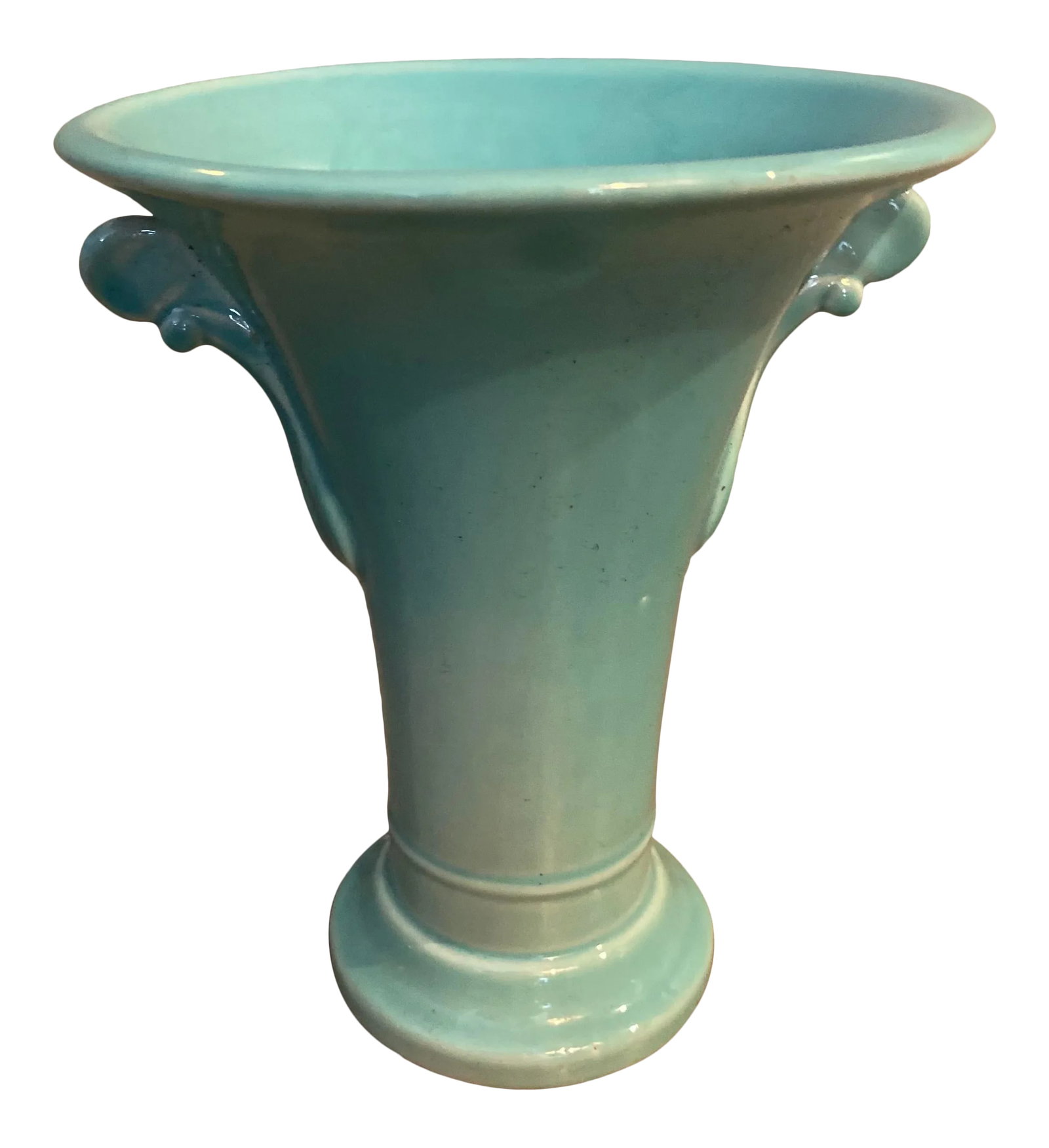Antique Trenton Pottery Art Deco-Style Baby Blue Vase: Trenton Art Pottery vase in Art Deco style. Features great baby blue color with embellishments on either side. Condition: Alterations: Original Condition Unaltered Imperfections: Some Imperfections