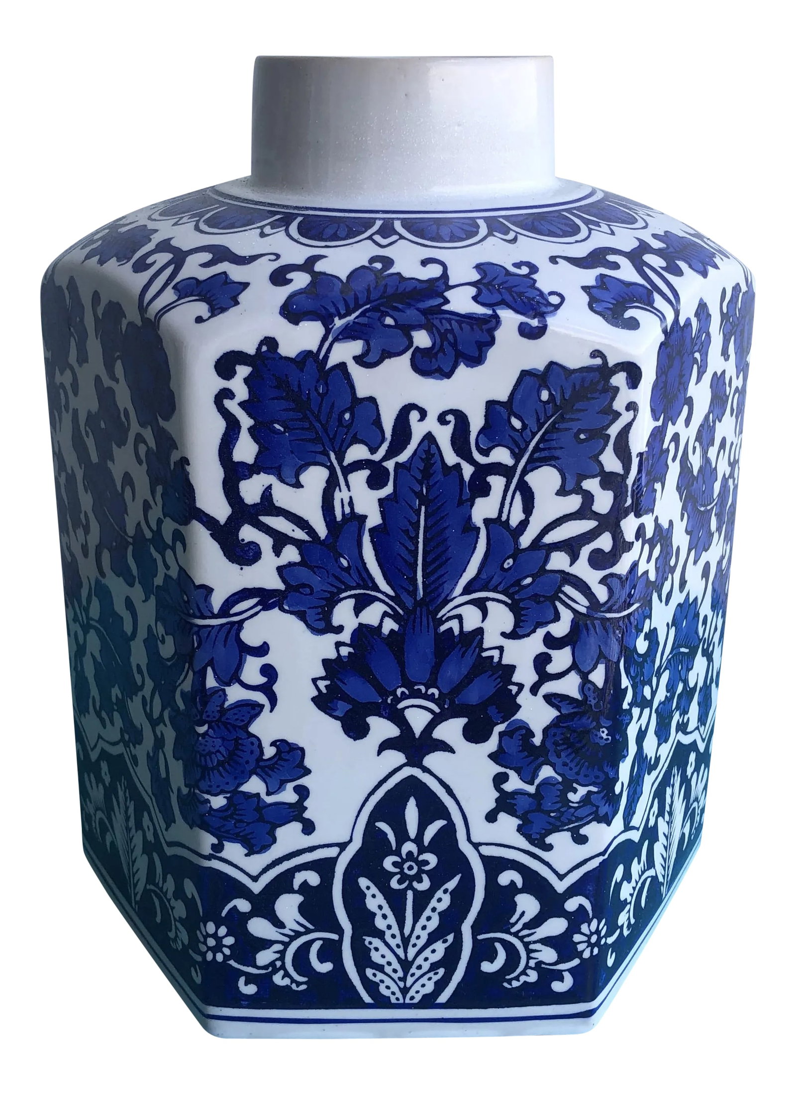 1980s Blue & White 6-Sided Ginger Jar: This rare hexagon-shaped blue & white chinoiserie ginger jar was found in a Palm Beach estate and will surely add charm and elegance to any table, bookcase, or entryway in your home. it's large