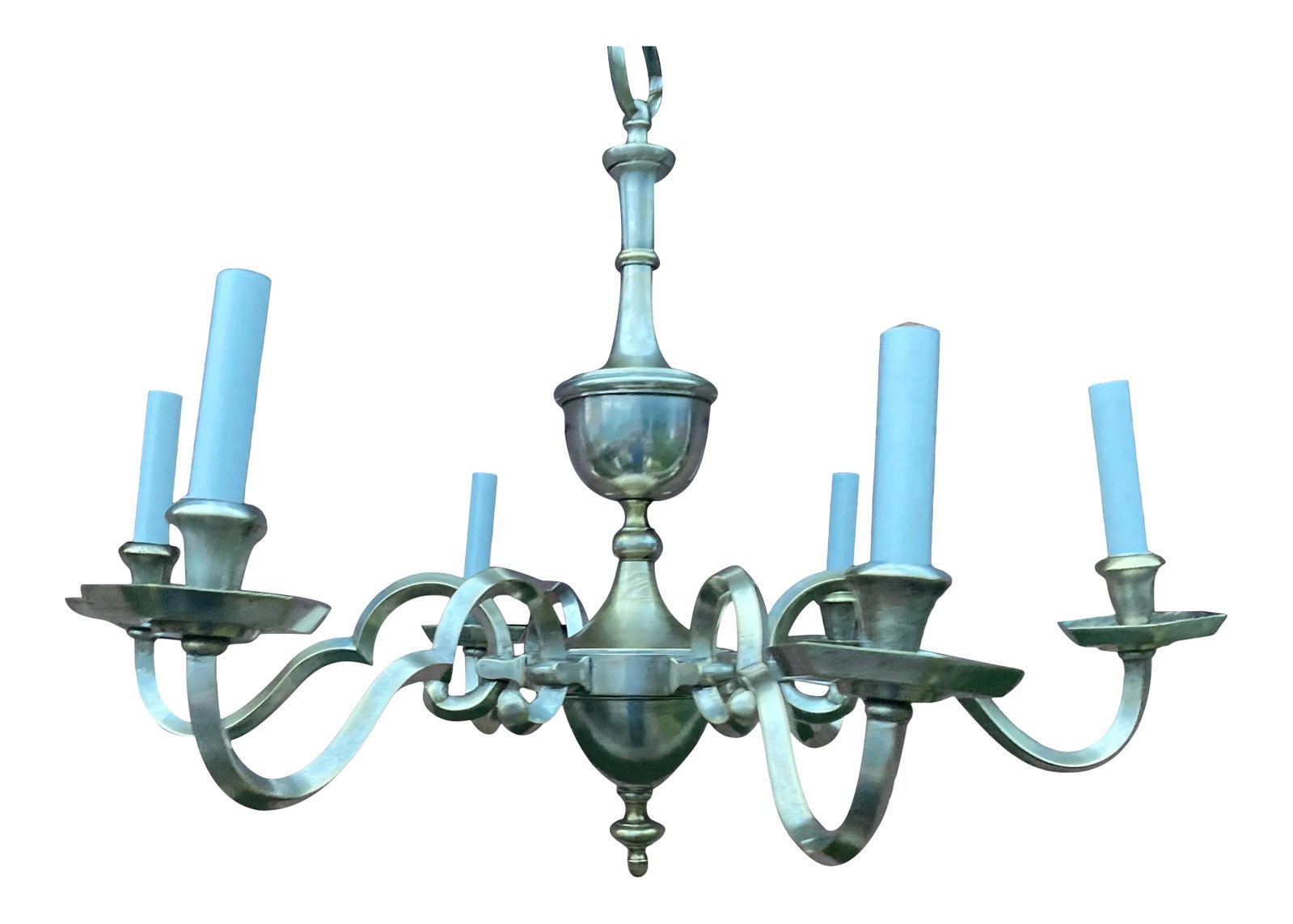 Early 20th Century Colonial Revival Silver Plated Six Arm Chandelier: Hard to find silver plated 6 arm chandelier in the style of colonial revival with its arching arms and large center ball. Was very tarnished before cleaning. Replaced the six candelabra covers, that t