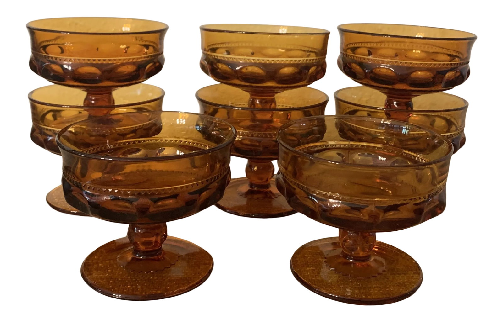 Vintage Indiana Colony Amber Crown Footed Dessert Cups- Set of 8: This set was likely made in the 70s. The glass is amber. Lovely addition to your table and collection of vintage glassware. The set comes with 8 sherbet cups. All in very good condition. Indiana Glass
