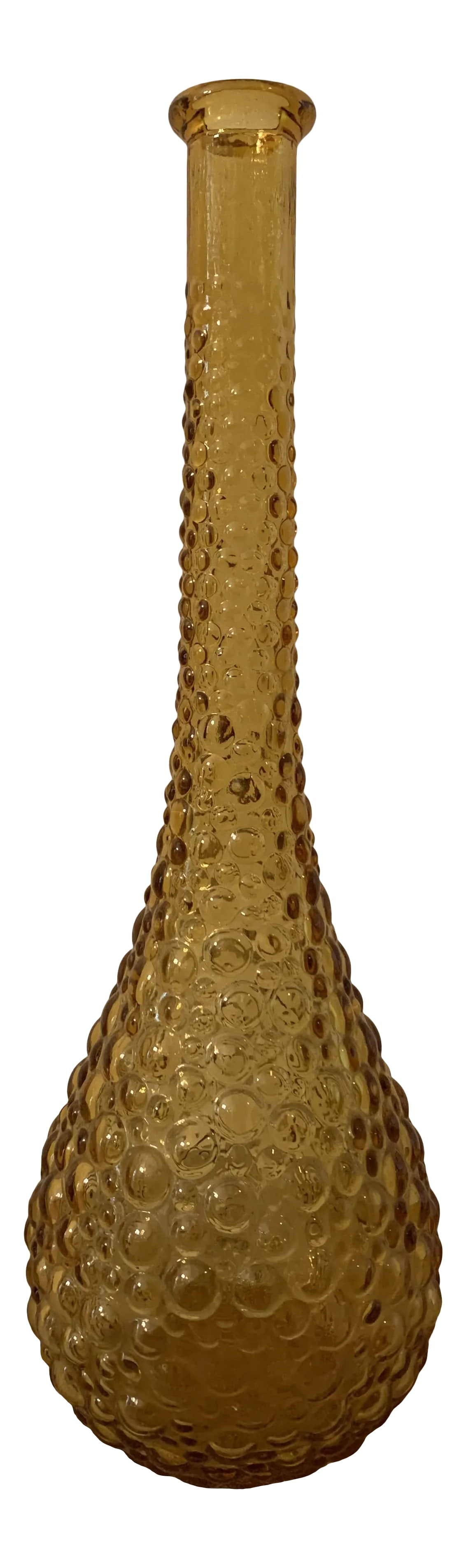 Mid-Century Modern Amber Bubble Glass Tall Vase: Amber Bubble Glass Decanter Art Glass Genie Bottle Hobnail Vintage 1960's/70's The approximate size is 5" in diameter by 15.25" tall and has a 1" top hole Condition: Alterations: Original Condition Un