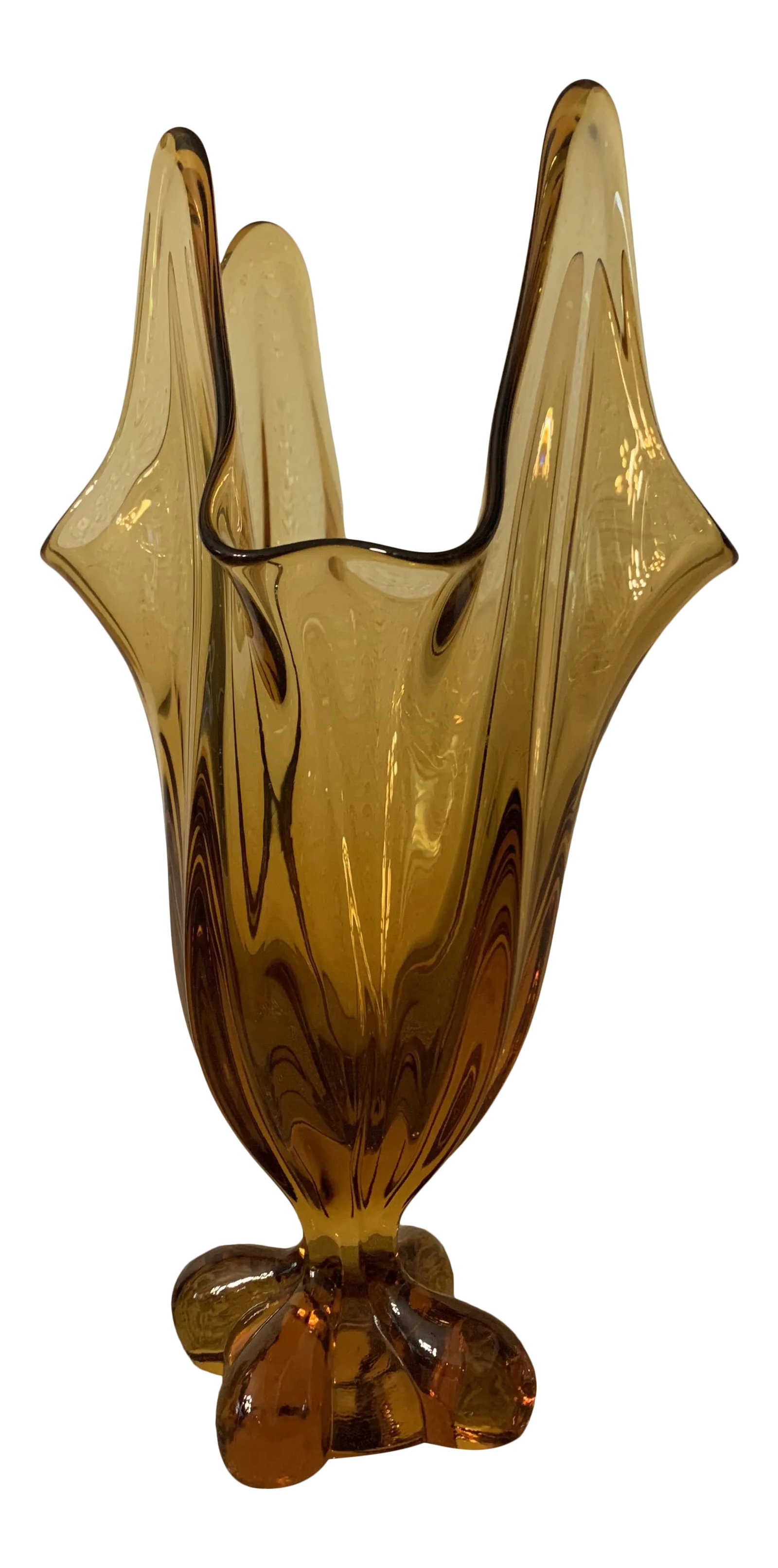 Mid-Century Modern Fenton Large Amber Glass Footed Swung Vase: Wonderful large Viking Glass Vase with a perfect pressed glass base and pulled glass top. A beautiful piece to add to a collection or as a stand-alone. Height is 12" Condition: Alterations: Original C
