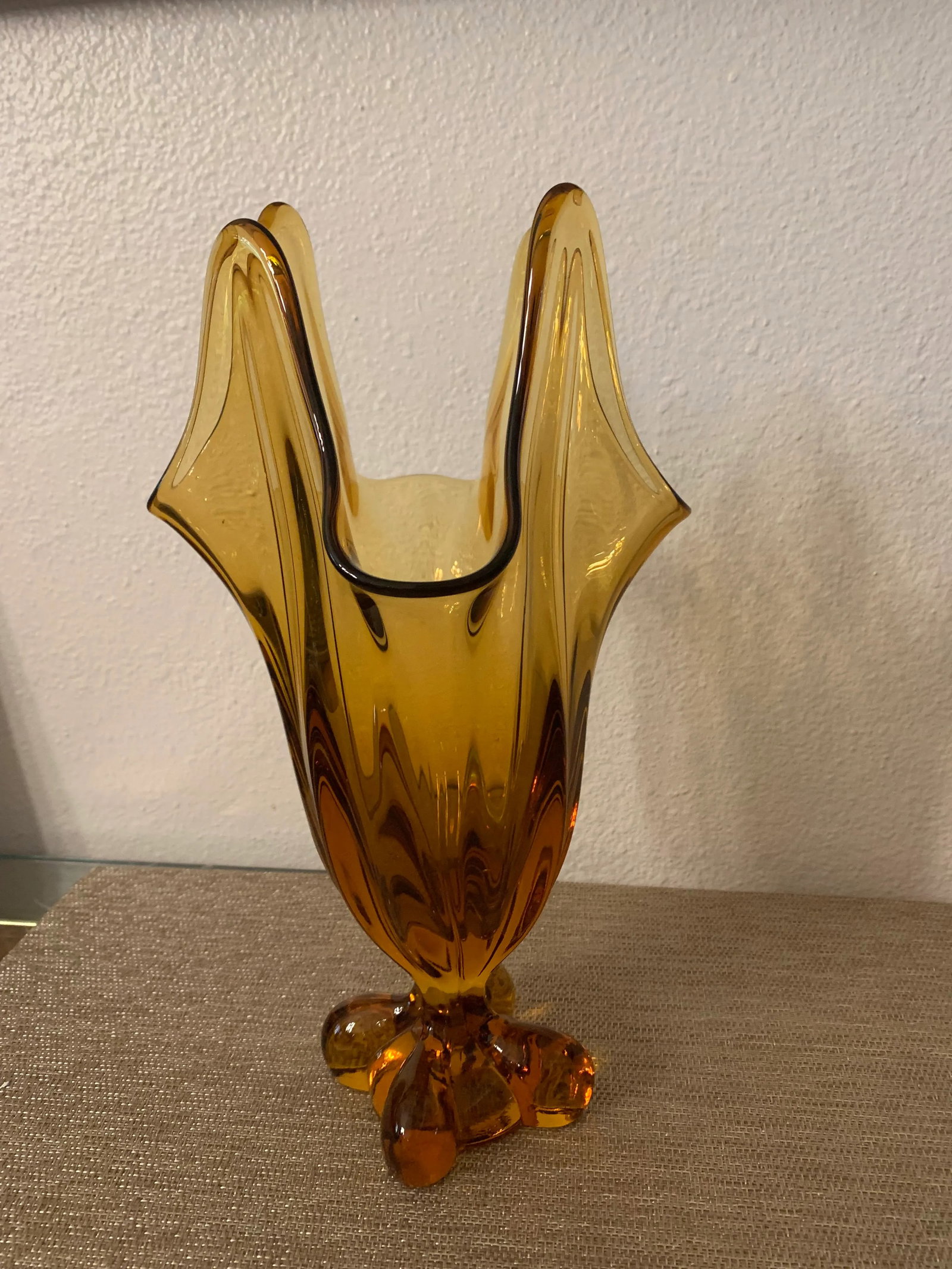Mid-Century Modern Fenton Large Amber Glass Footed Swung Vase - 9