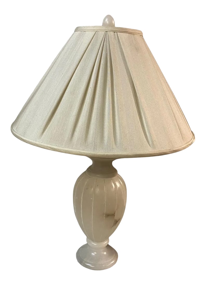 Alabaster Table Lamp by DI Erra for Sarreid: Alabaster Base White Lamp By Di Erra for Sarreid Heavy Base Showroom Sample Shade is 19.5" diameter Condition: Alterations: Original Condition Unaltered Imperfections: Some Imperfections Condition Not
