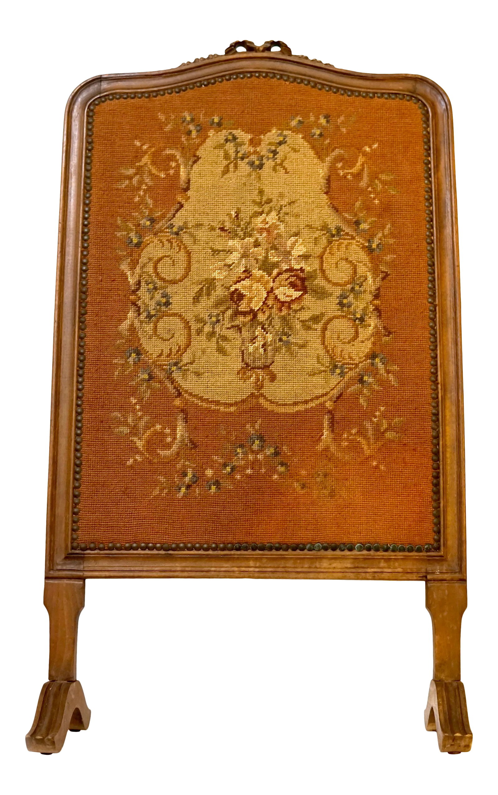 Antique Aubusson & Carved Walnut Upholstered Tapestry Screen Stand: I love the color of the carved walnut tapestry screen with its elegant Aubusson needlepoint design and velvet on the back side. These were used for a fireplace if they were metal. If they were