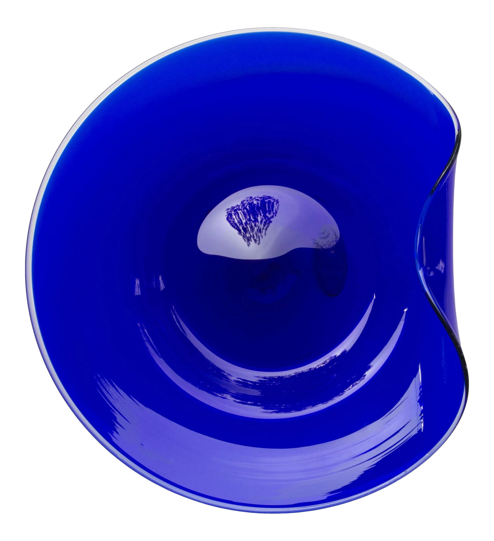1960s Italian Cobalt Blue Murano Glass Bowl: Cobalt blue, Murano glass bowl of asymmetric sculptural design. Vintage merchant sticker on verso reads: Bijoux - Vetri d'Arte Marco's Shop S. Polo Venezia Condition: Alterations: Original Condition U