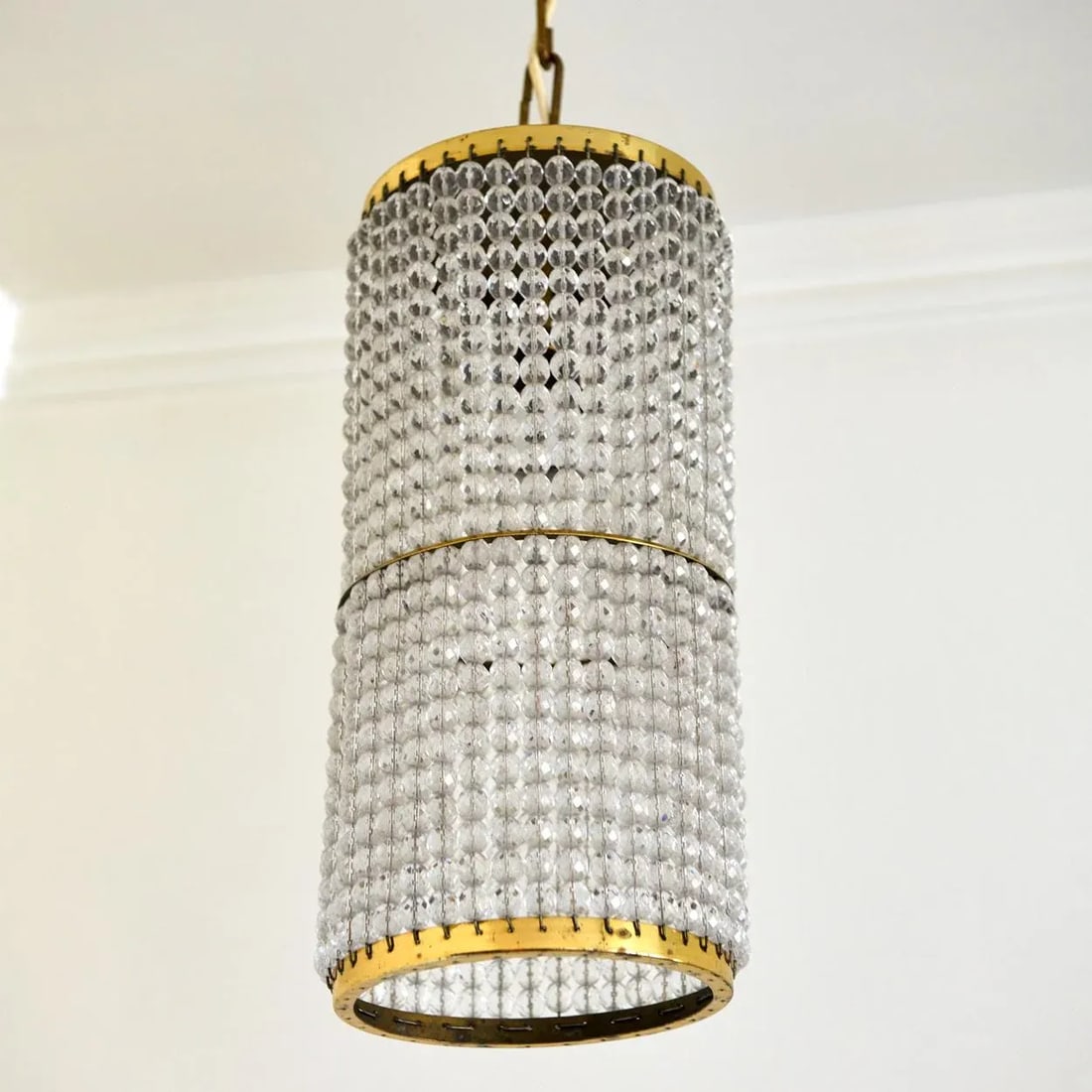 Mid Century Modern Beaded Crystal Cylinder Hanging Pendant Light - 10