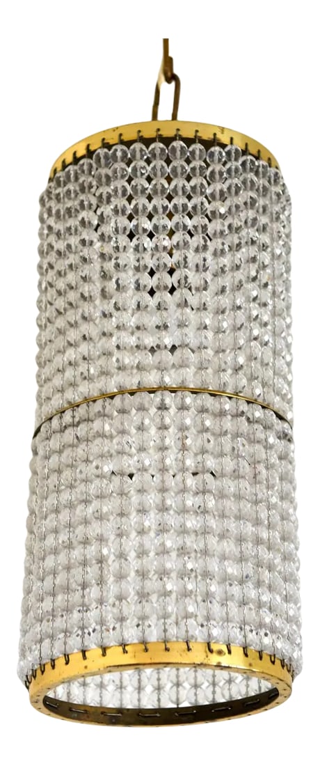 Mid Century Modern Beaded Crystal Cylinder Hanging Pendant Light: Extraordinary find! A dazzling mid century modern c. 1950s/60s hanging cylinder light featuring rows of cut crystal cascading beads. I've never seen one quite like this before. The frame of the