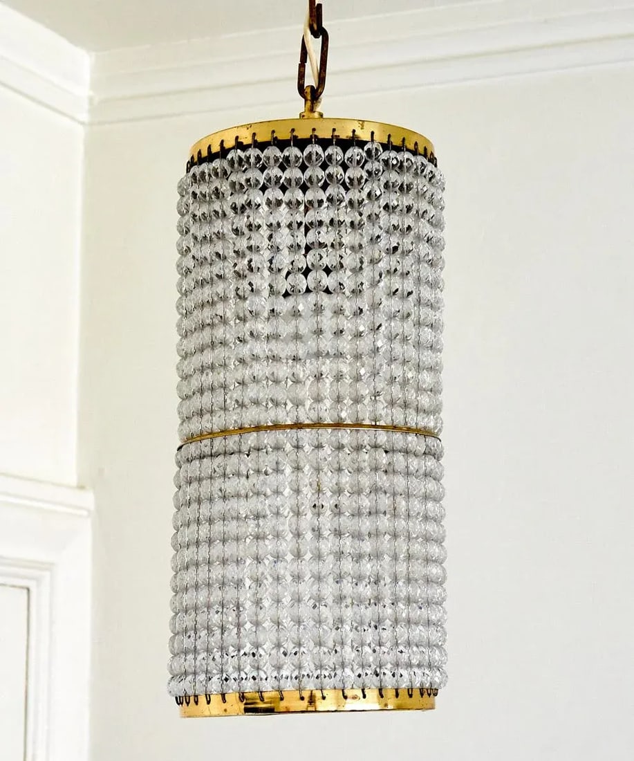 Mid Century Modern Beaded Crystal Cylinder Hanging Pendant Light - 2