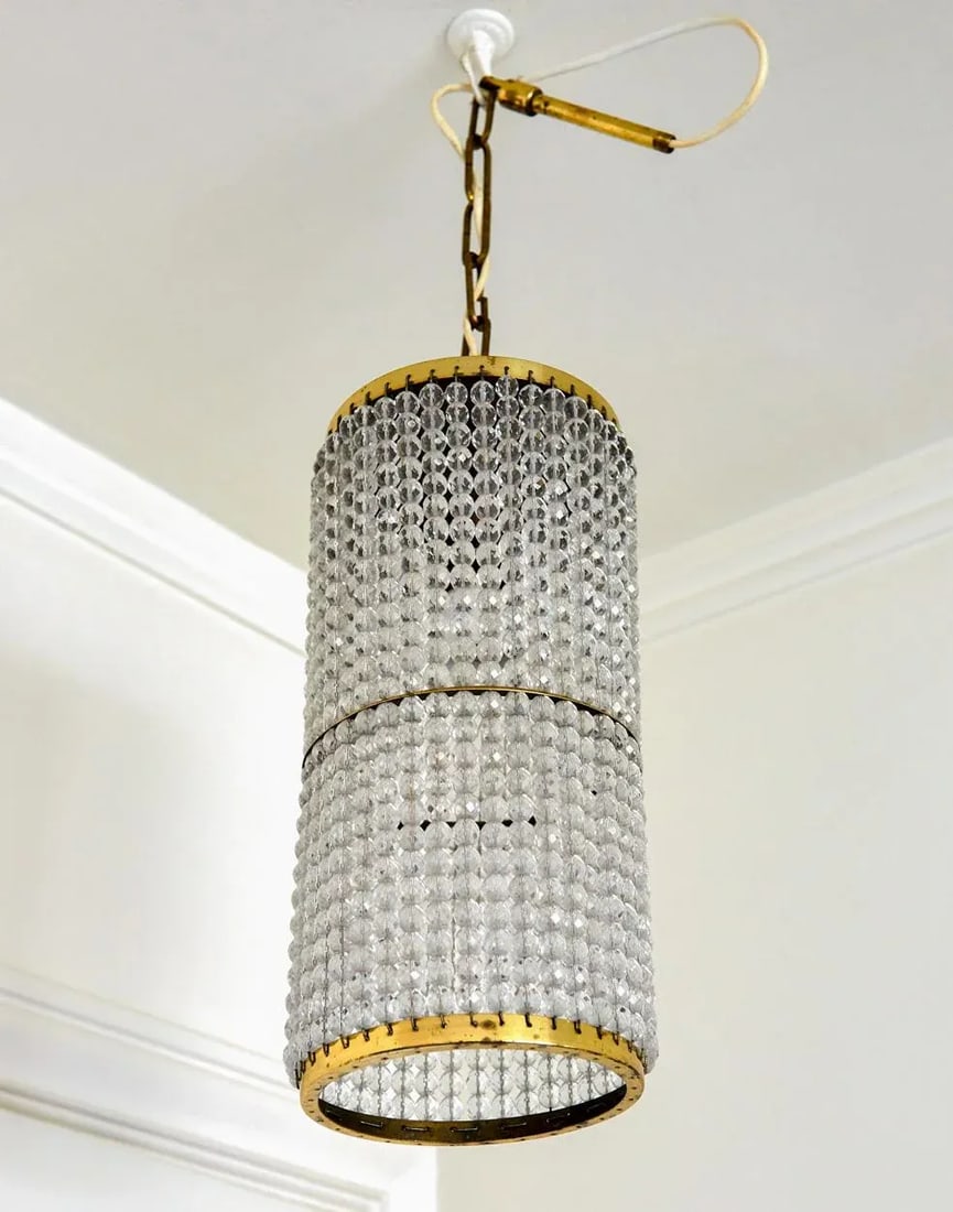 Mid Century Modern Beaded Crystal Cylinder Hanging Pendant Light - 3