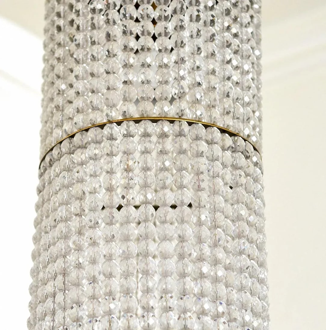 Mid Century Modern Beaded Crystal Cylinder Hanging Pendant Light - 4