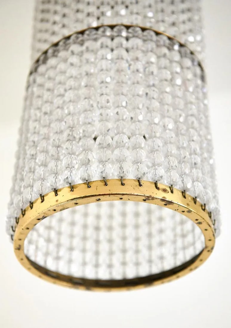 Mid Century Modern Beaded Crystal Cylinder Hanging Pendant Light - 6