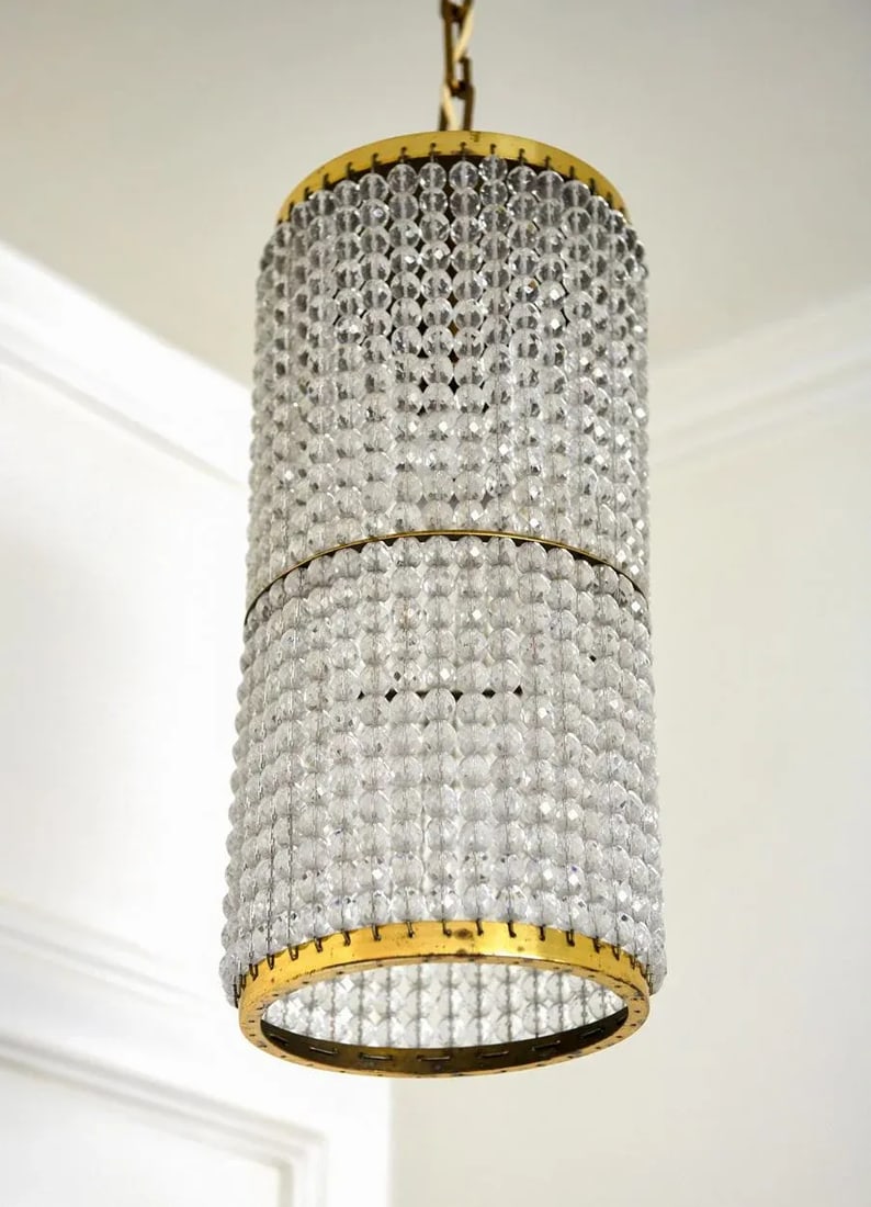 Mid Century Modern Beaded Crystal Cylinder Hanging Pendant Light - 7