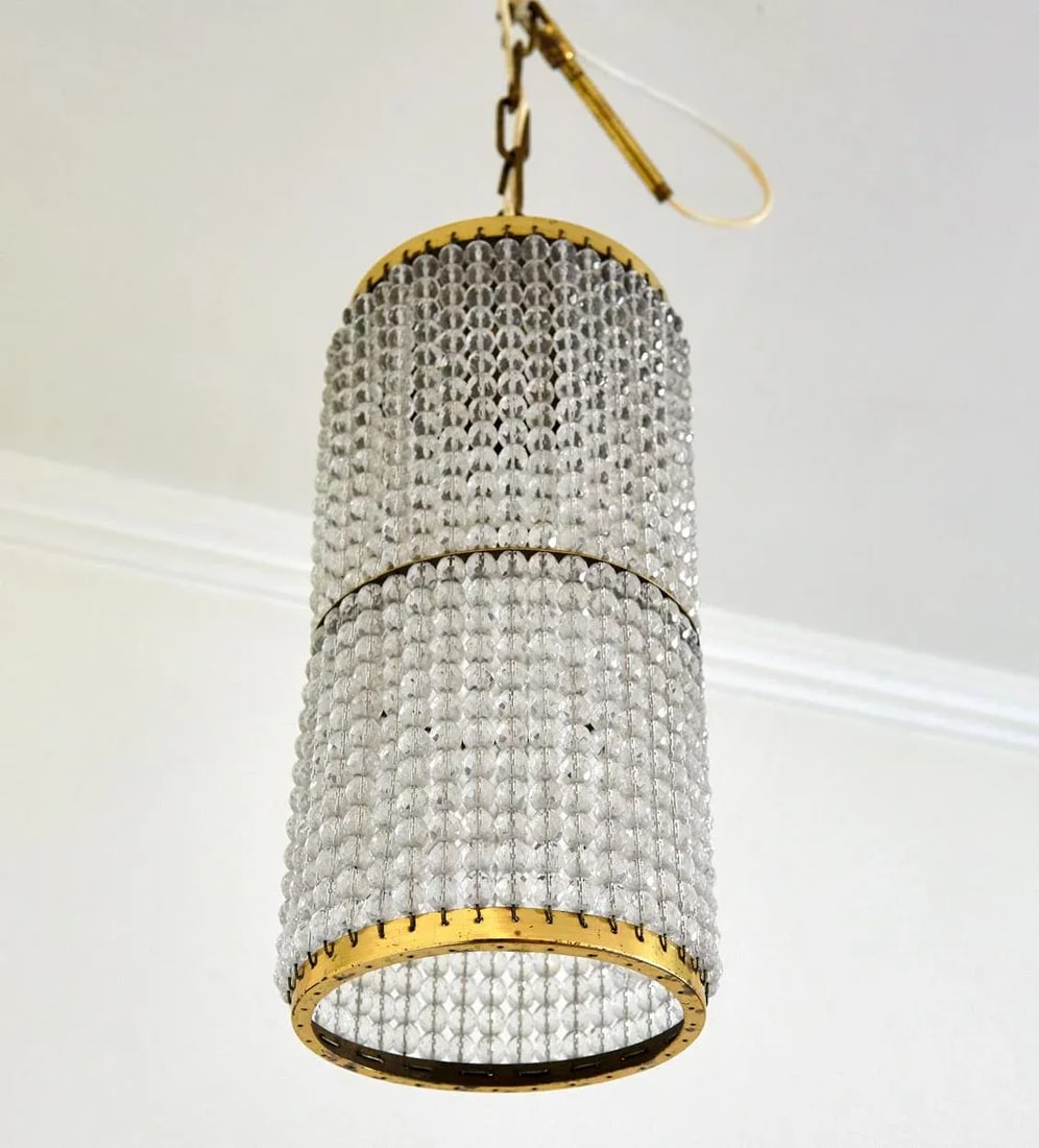 Mid Century Modern Beaded Crystal Cylinder Hanging Pendant Light - 8
