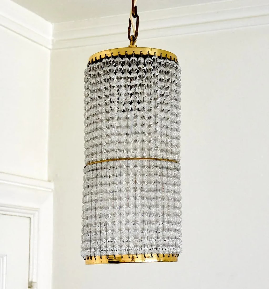 Mid Century Modern Beaded Crystal Cylinder Hanging Pendant Light - 9