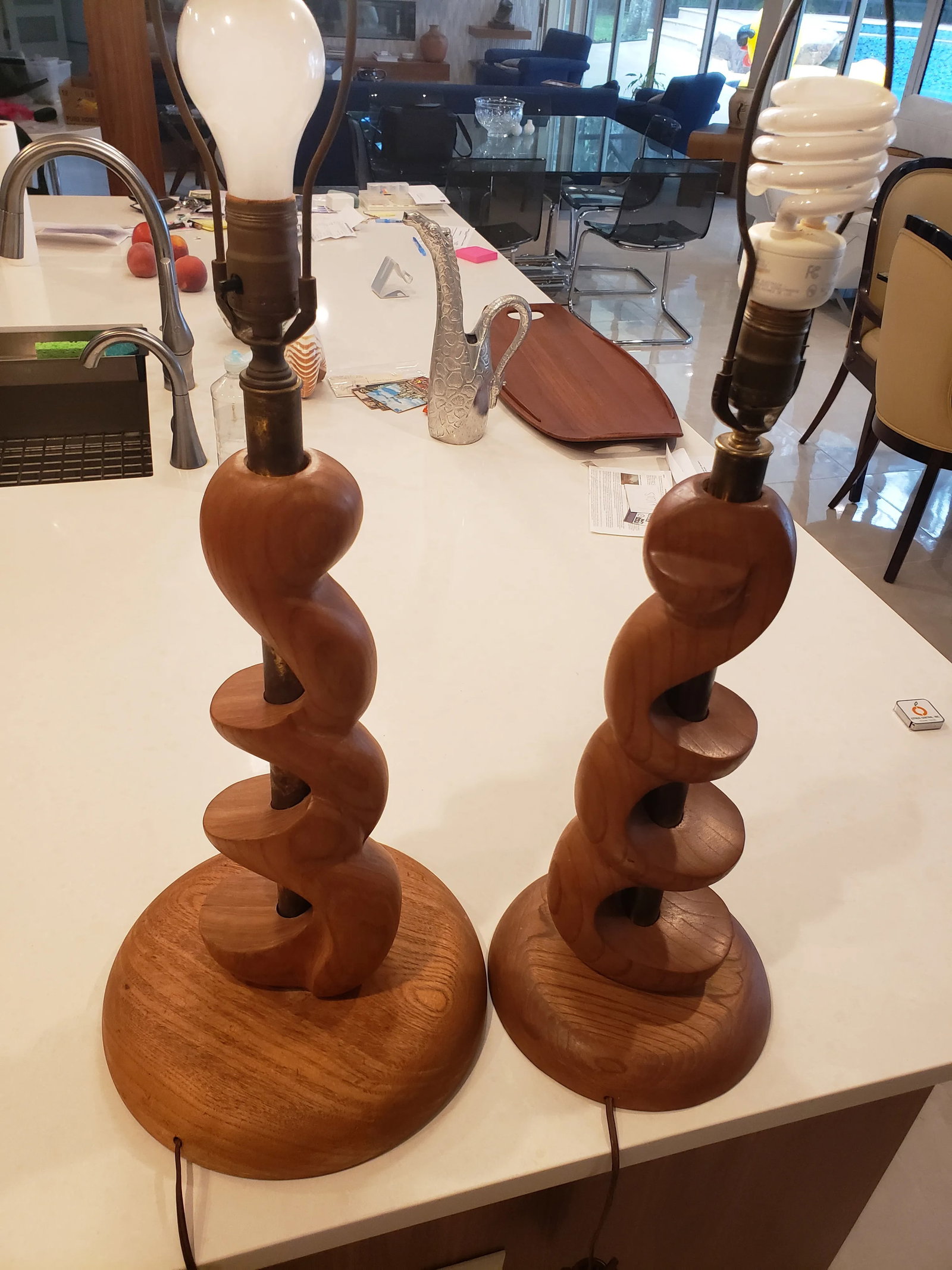 Mid-Century Organic Sculpture Form Wood Lamps - a Pair - 6