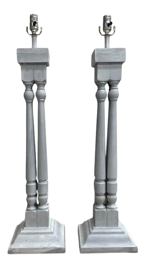 Architectural Lamps - a Pair: These lamps are constructed from architectural elements, specifically porch rail turnings, and reclaimed millwork, salvaged from a 19th century farm house. Finished in an oyster white with gray wash,