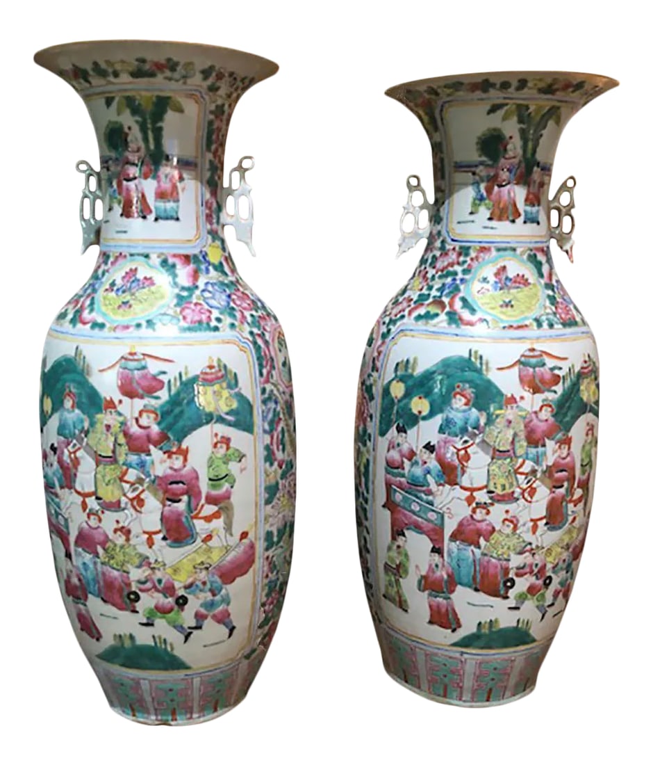 1940s Chinese Famille Rose Porcelain Vases- a Pair: A pair of 1940s Chinese famille rose porcelain vases decorated with figural court and equestrian designs. Applied piece work handles. Condition: Alterations: Original Condition Unaltered