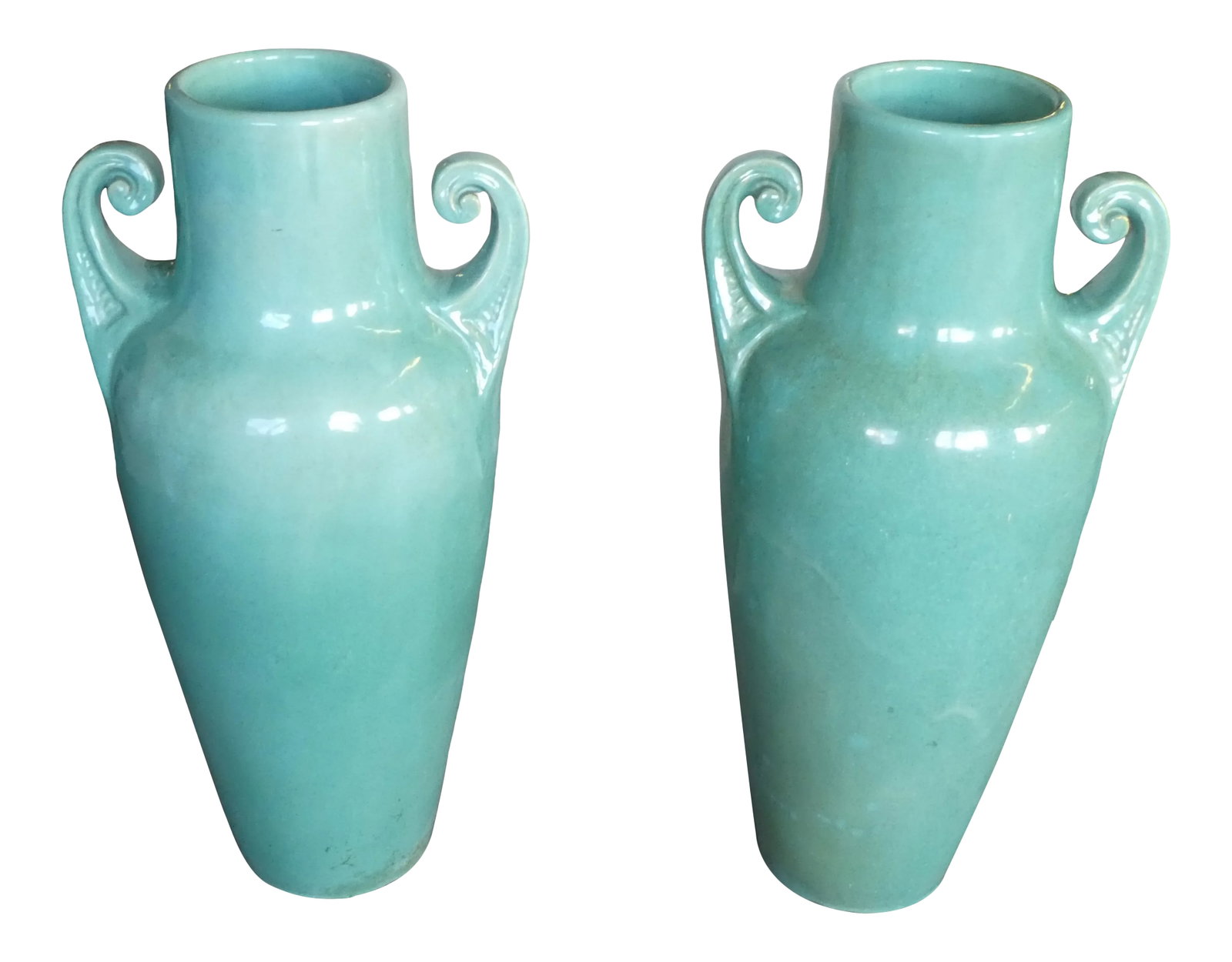 Statuesque Turquoise Art Deco Period American Bat Wing Handle Vases - a Pair: Statuesque Turquoise Art Deco Period American Bat Wing Handle Vases - A Pair sold as found in vintage condition void of cracks or repairs but showing minor glaze slips and glaze chips to bases.