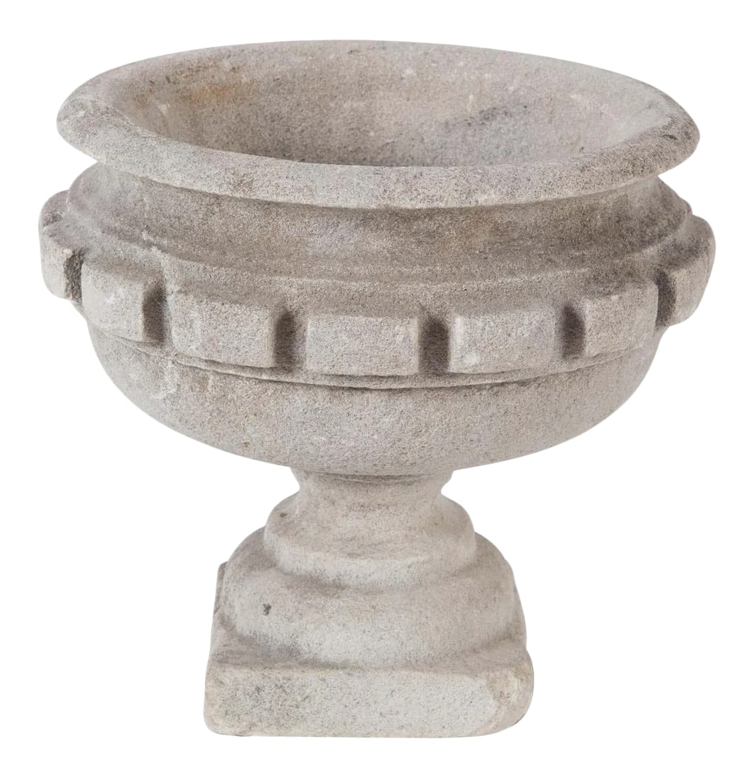 19th Century French Carved Stone Planter: 18th century carved stone French garden urn with large dental trim. This is not cast stone. One corner of the square base is missing. Condition: Alterations: Original Condition Unaltered