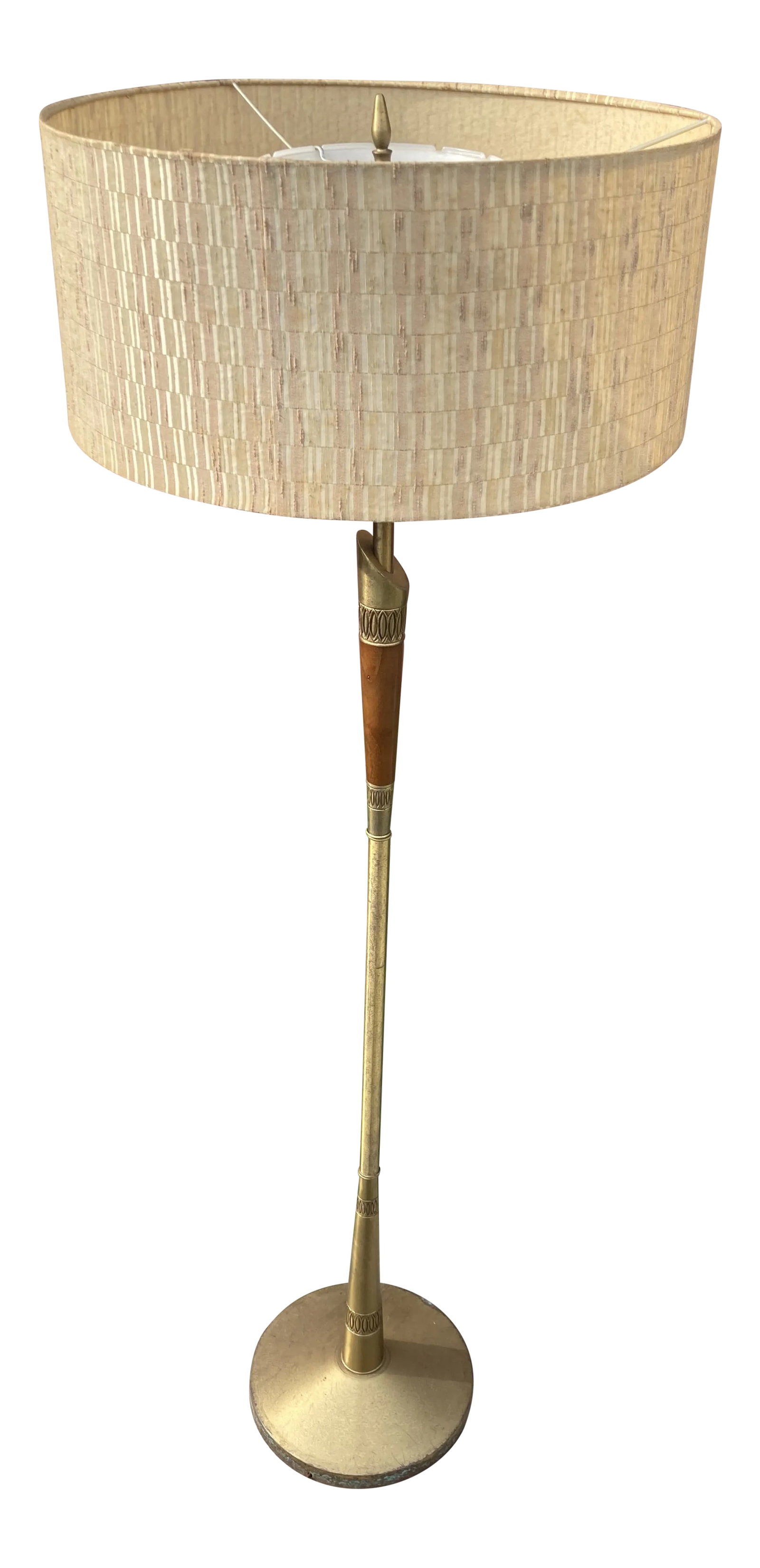 Mid Century Modern Brass and Walnut Floor Lamp: Very cool design on this 59" tall lamp. Glass shade is by National Home Lamp Council. Has a 3- way socket. Condition: Alterations: Original Condition Unaltered Imperfections: Some Imperfections