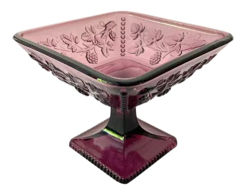 1970s Purple Glass Grape Design Decorative Bowl: Vintage 1970's Purple Glass with grape design motive ,center Piece , Decorative Bowl, Compote No makers mark in excellent condition. 5.5" X 4.25"H Condition: Alterations: Original Condition Unaltered