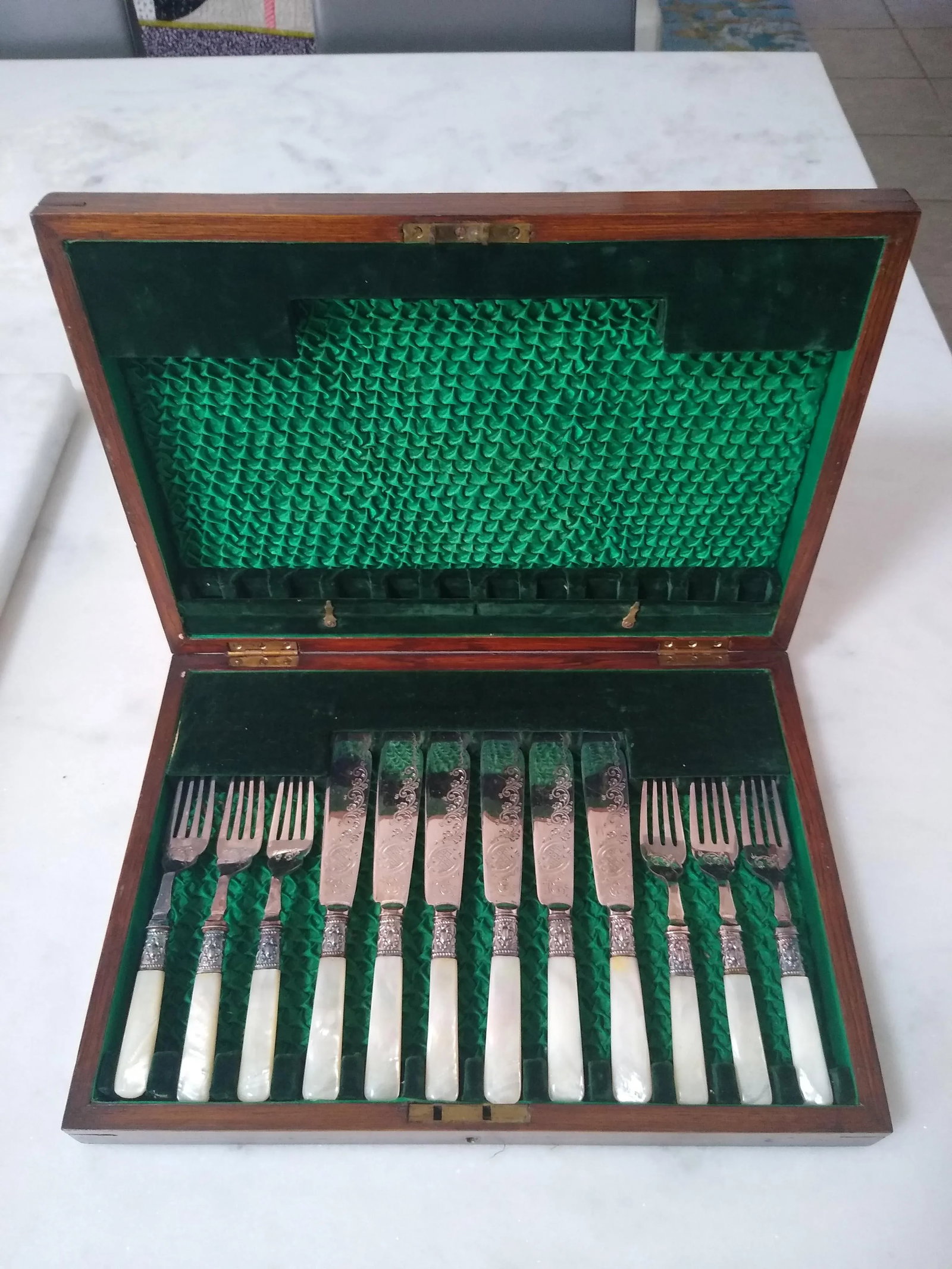 Vintage Victorian English Mother of Pearl Handles With Silverplate Fruit Knives & Forks- 12 Pieces - 10