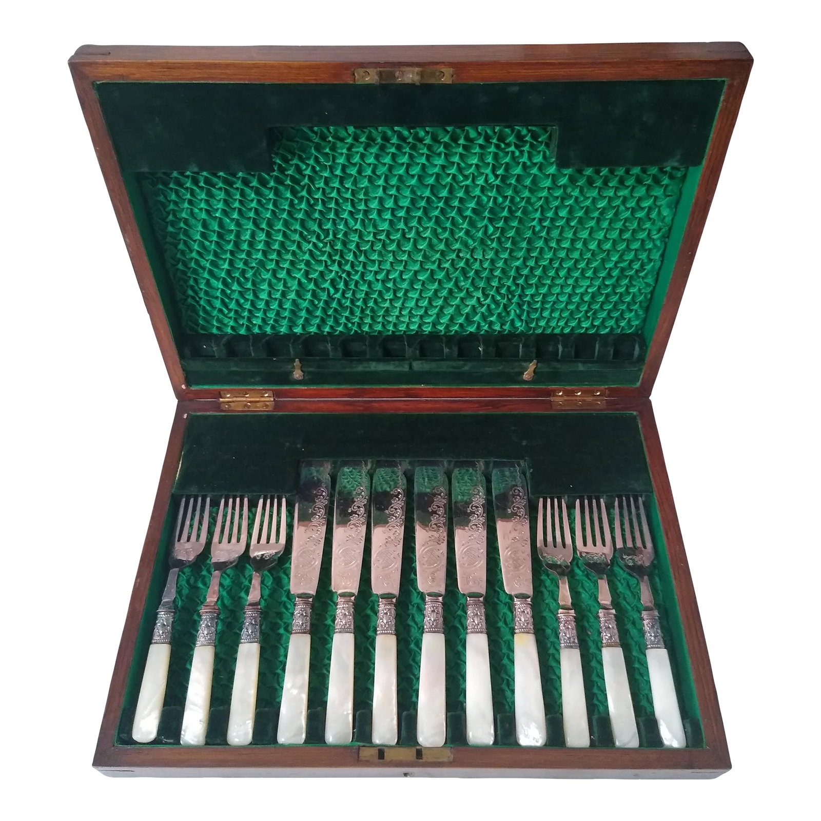 Vintage Victorian English Mother of Pearl Handles With Silverplate Fruit Knives & Forks- 12 Pieces (1 of 10)