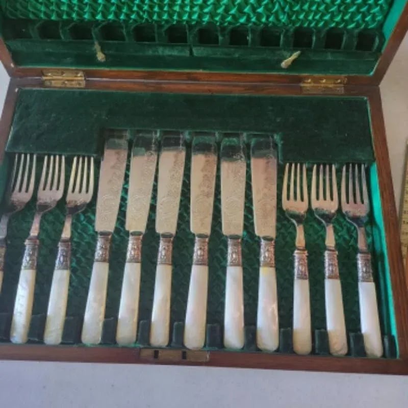 Vintage Victorian English Mother of Pearl Handles With Silverplate Fruit Knives & Forks- 12 Pieces - 2