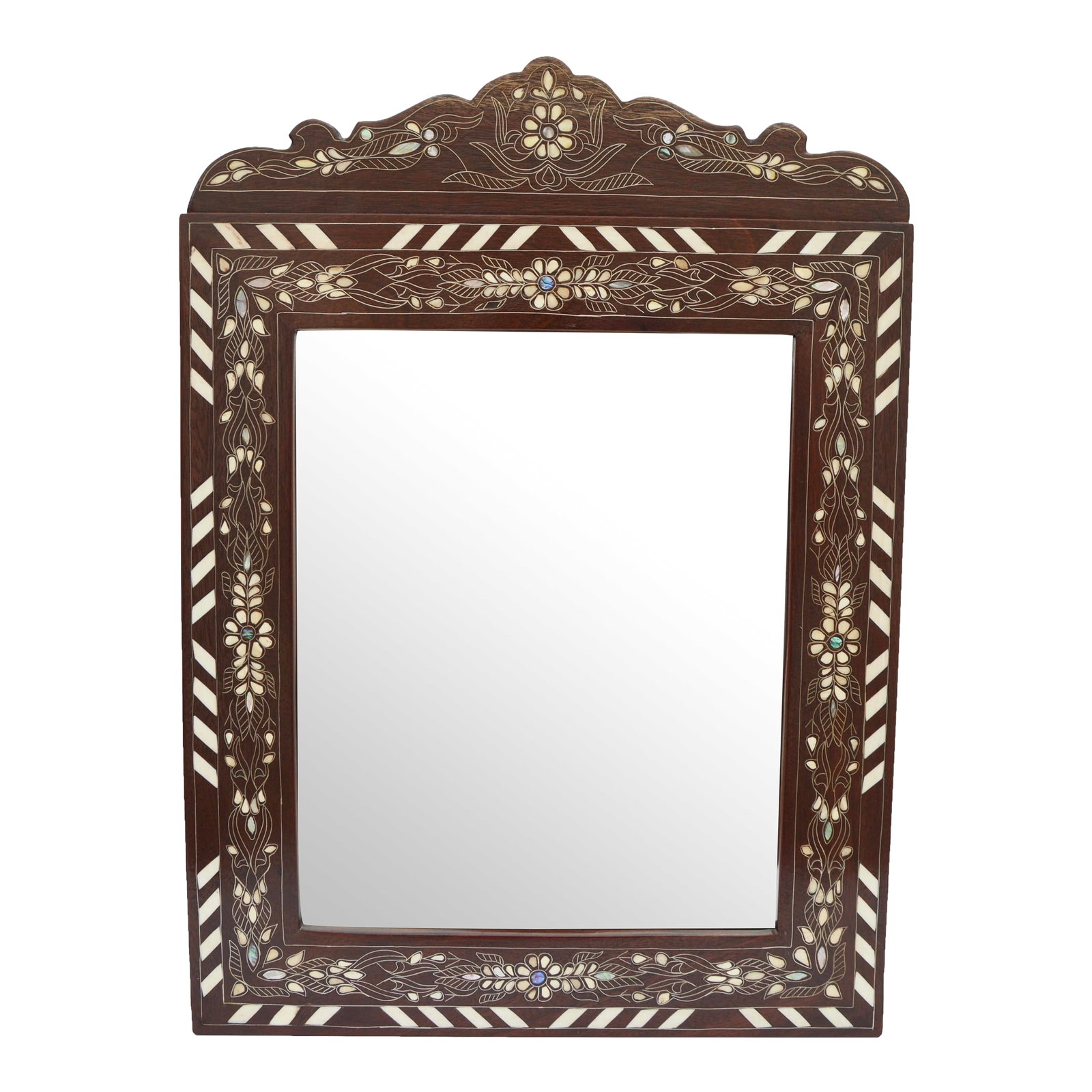 Vintage Handmade Floral-Patterned Mirror With Mother-of-Pearl & Brass Inlay: This timeless vintage mirror is the perfect display accent to bring a touch of whimsy and old world to your design style. It is superbly handcrafted exhibiting an intricate hand-carved solid walnut wo