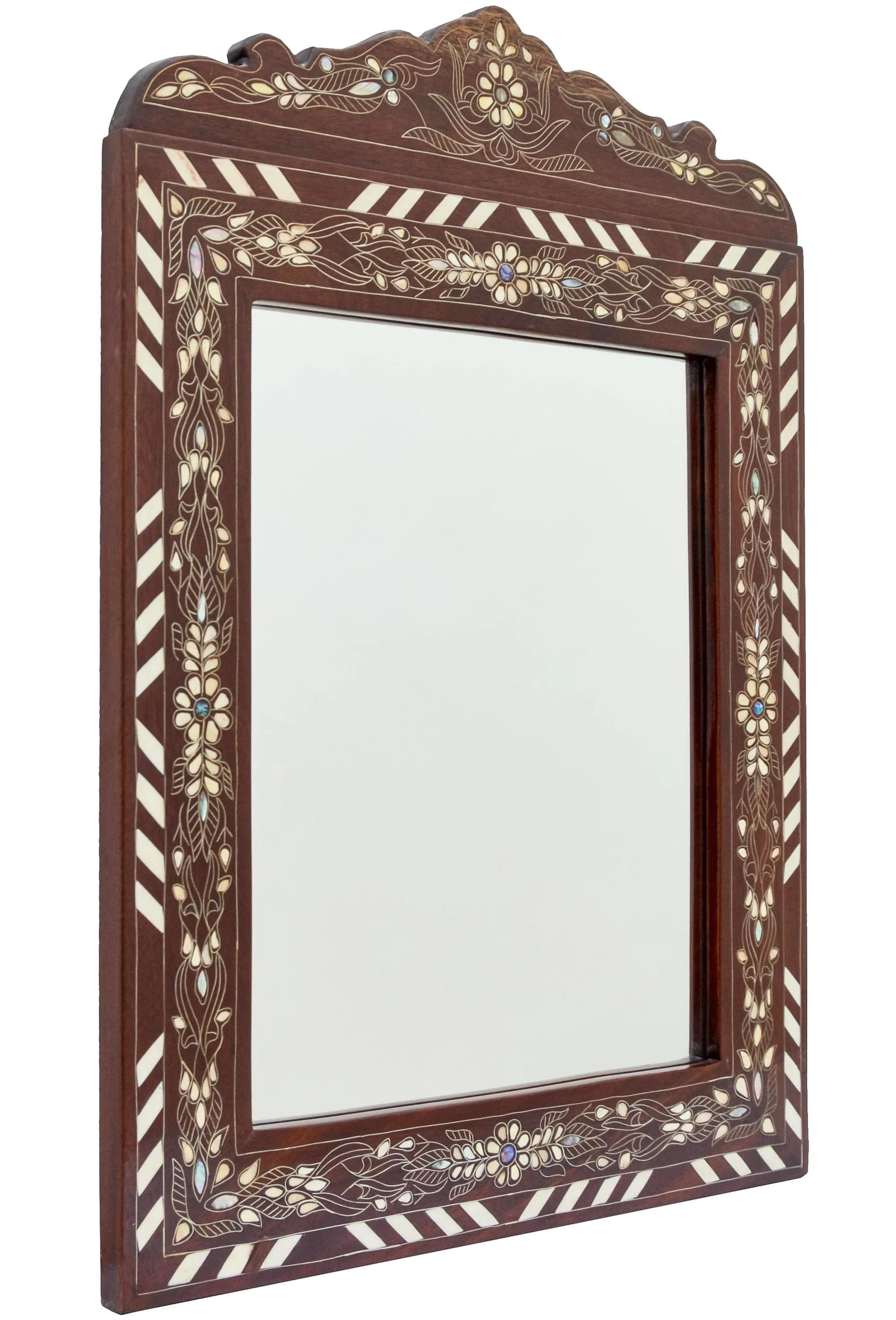 Vintage Handmade Floral-Patterned Mirror With Mother-of-Pearl & Brass Inlay - 2