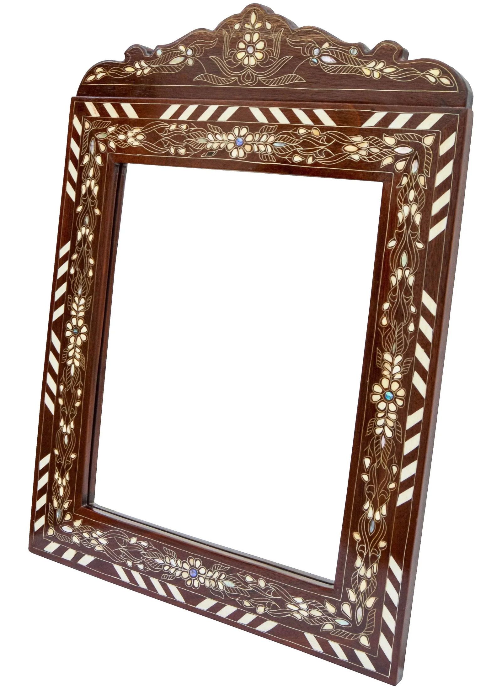 Vintage Handmade Floral-Patterned Mirror With Mother-of-Pearl & Brass Inlay - 3