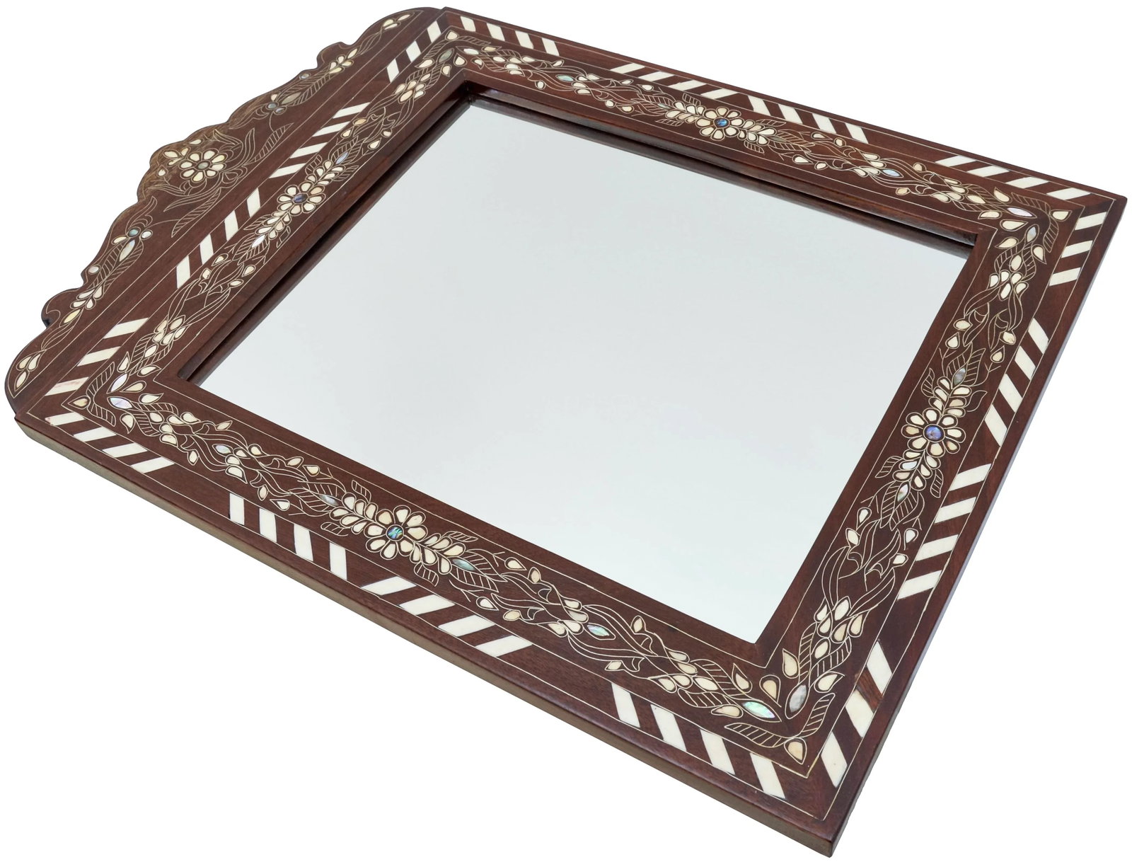 Vintage Handmade Floral-Patterned Mirror With Mother-of-Pearl & Brass Inlay - 5