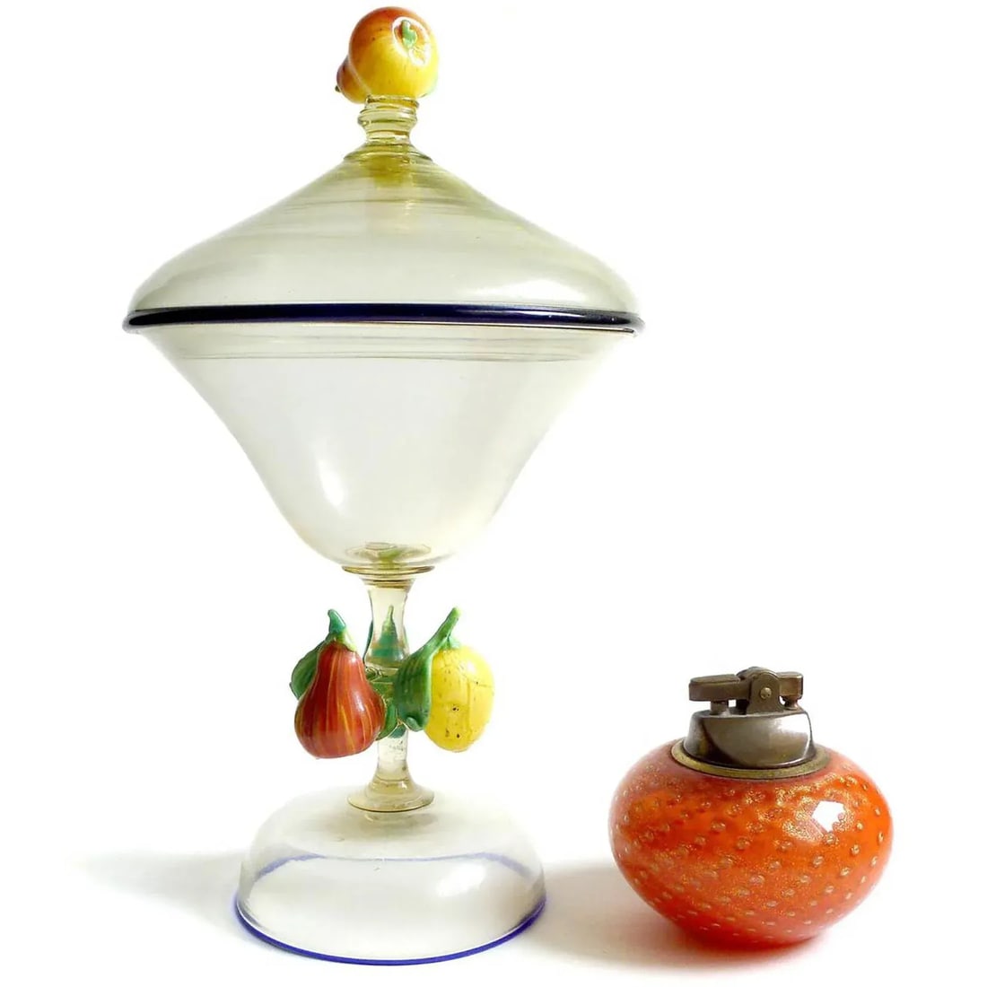 Venetian Antique Murano Pear Lemon Fruit Decorated Italian Art Glass Covered Jar, Art Nouveau-Deco E - 2